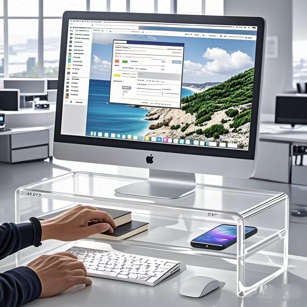 Wymexen 2-Tier Acrylic Monitor Stand Riser - 16 Inch Clear Computer Monitor Stand for iMac, PC, Desktop, Laptop & TV with Storage Space - Perfect for Home Office & Workspace Organization