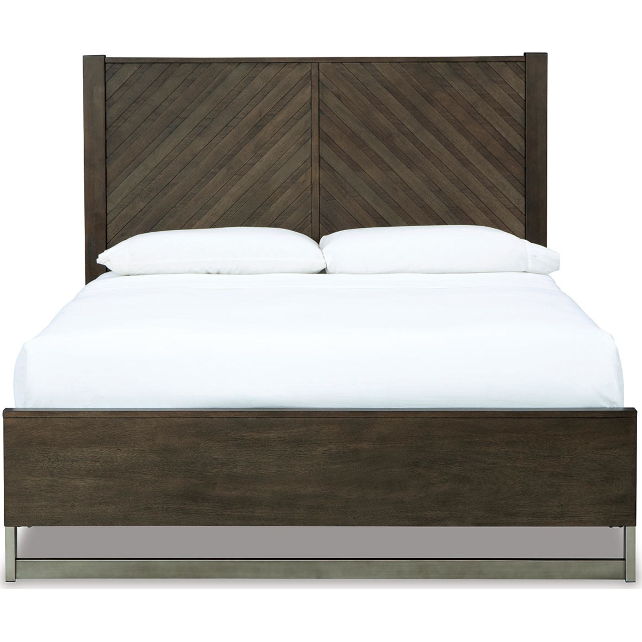 Arkenton Queen Panel Bed Frame - Grayish Brown Upholstered Headboard, Sturdy Wooden Slat Support for Bedroom, Guest Room, or Master Suite