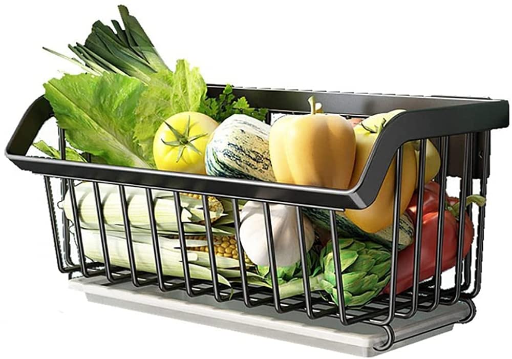 1-Tier Metal Wall Mounted Fruit and Vegetable Basket - Drained Kitchen Storage Rack for Fruits, Veggies & Organizing - Space Saving for Small Kitchens, Bathrooms & Pantries - Black