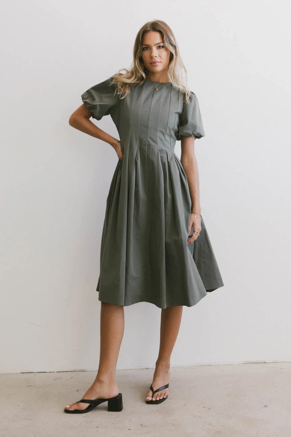 Eliana Pleated Midi Dress in Sage Green - Flowy A-Line Summer Dress for Women | Perfect for Weddings, Parties & Office Wear