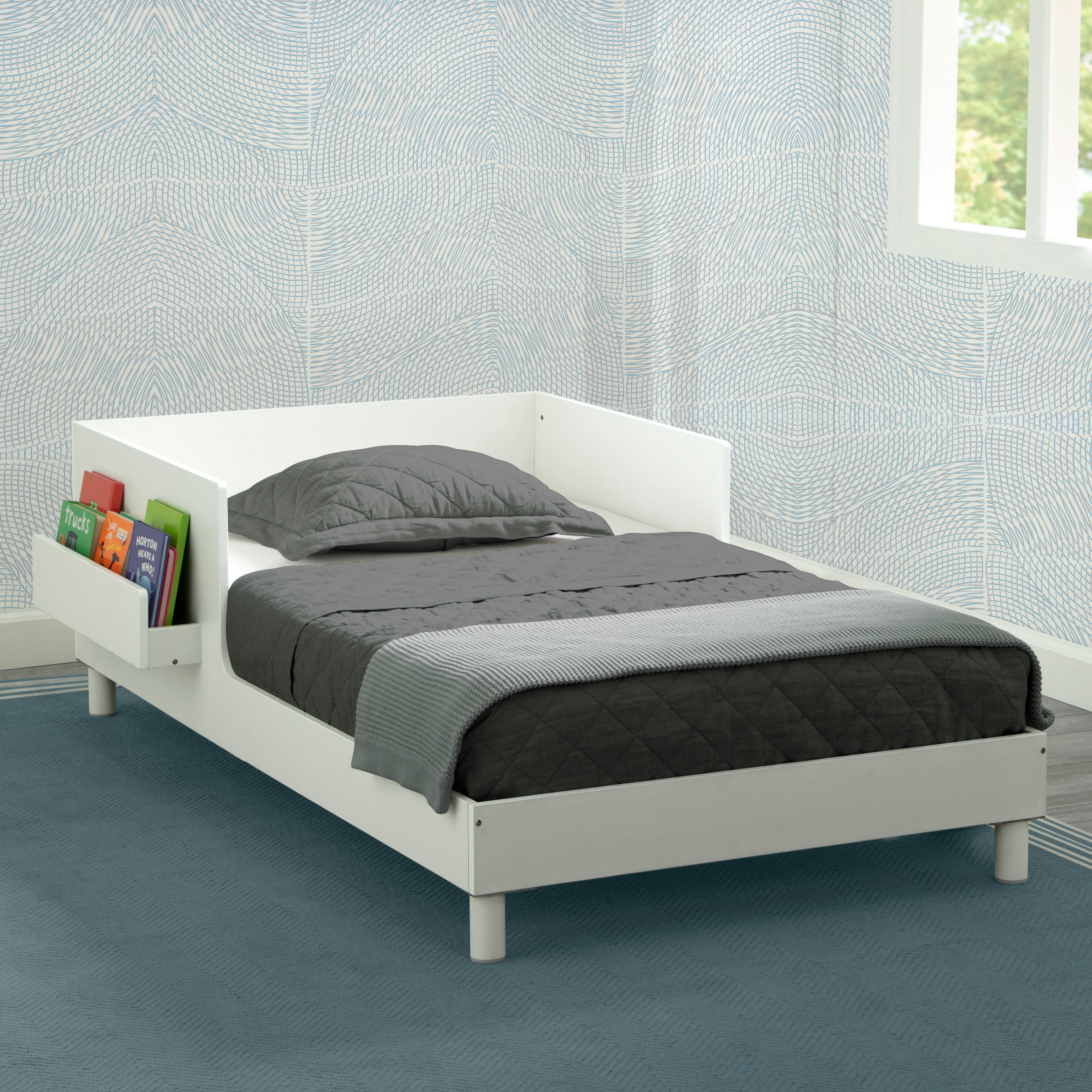Sleep N Store Toddler Bed with Interchangeable Shelf - Convertible Kids Bed with Storage for Nursery, Bedroom & Playroom - Perfect for Small Spaces & Organization