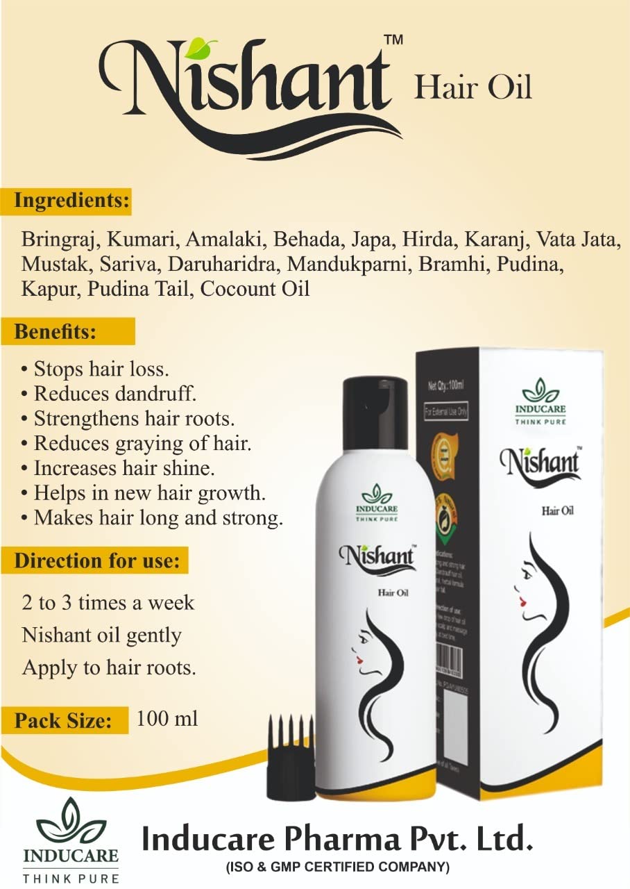 Inducare Nishant Hair Oil for Gray Hair Prevention, Hair Fall Control & Dandruff Treatment | Promotes Long & Strong Hair Growth | Enriched with Bhringraj & Aloe Vera (Kumari) | Scalp Nourishment & Hair Care Solution | 100ml | Perfect for Daily Hair Care Routine & Natural Gray Hair Management