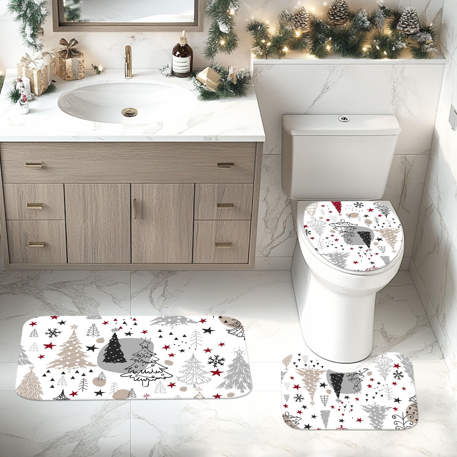 Christmas Shower Curtain Set 4pcs - Winter Pine Tree Bathroom Decor with Shower Curtain, Rugs & Toilet Lid Cover - Xmas Holiday Bath Set Includes 12 Hooks (Black, 71x71 Inches) for Festive Bathroom Decorations