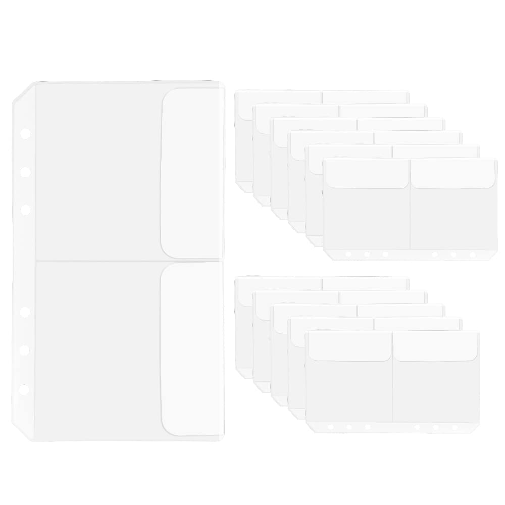 NatSumeBasics 12-Pack A6 Clear Plastic Binder Pockets with 6 Holes - Cash Envelopes, Budget Organizer Pouch for 6-Ring Binders - Perfect for Organizing Photos, Cards, Bills & Documents (A6 Size, 2 Pockets per Sheet) - Ideal for Home Office, School, Travel & Financial Planning