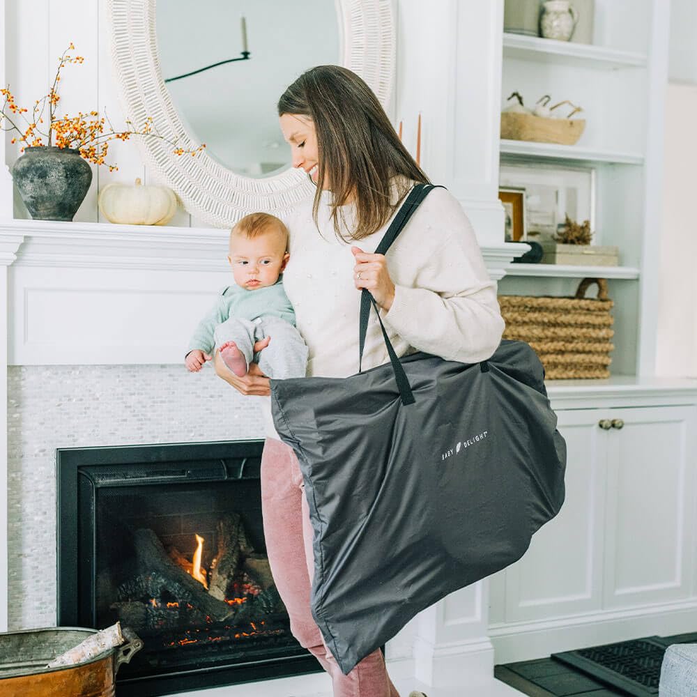 Baby Delight Aura Deluxe Portable Baby Bouncer - Infant Rocker Seat with Quilted Charcoal Tweed Fabric | Lightweight & Foldable for Travel | Perfect for Nursery, Living Room & Outdoor Use