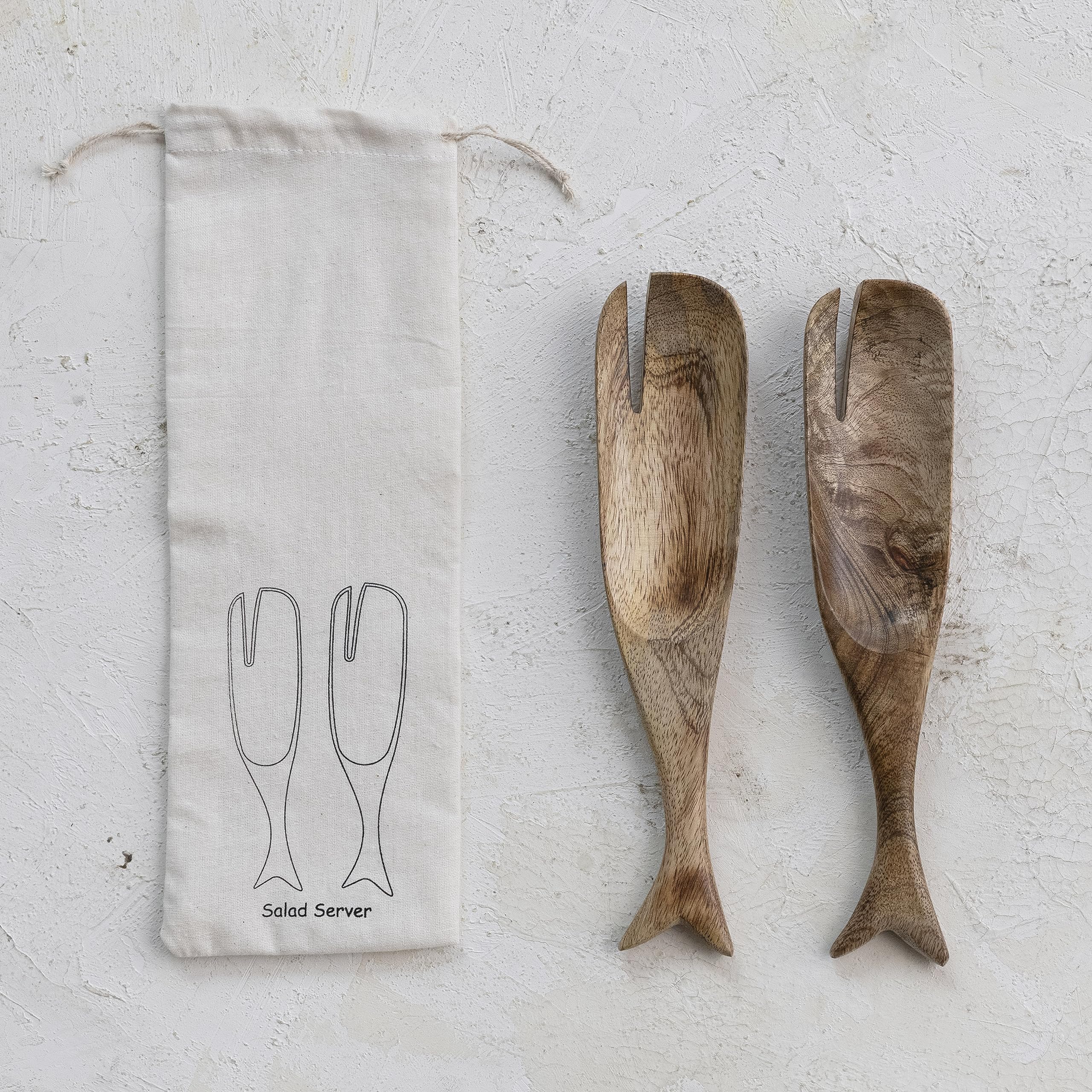 Creative Co-Op Set of 2 Natural Mango Wood Whale Design Salad Servers - 9.75 Inch Eco-Friendly Kitchen Utensils for Serving Salads, Pasta & Appetizers