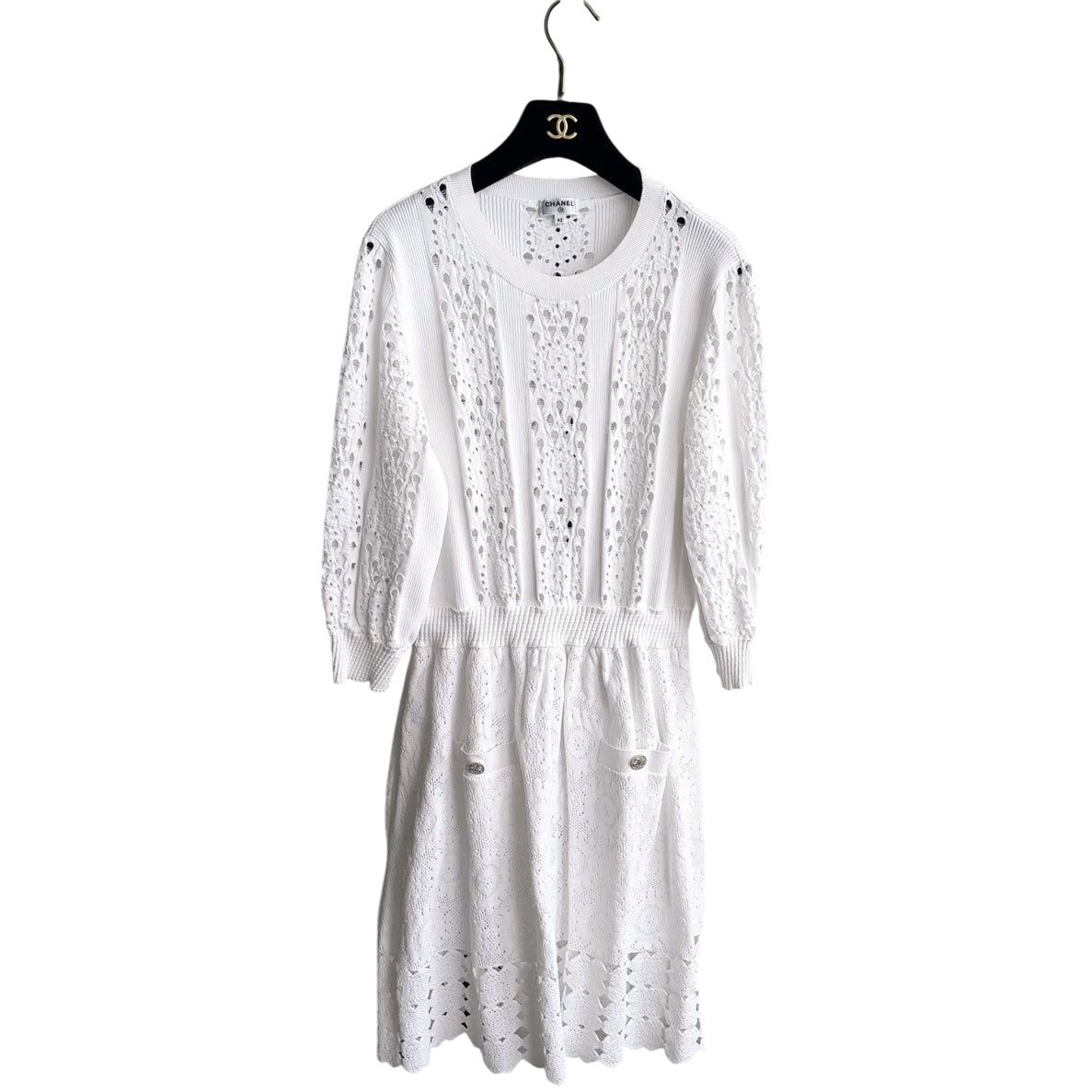 Chanel 20P White Open Knit Dress Women's Size FR42/L - Elegant Summer Party & Wedding Guest Outfit