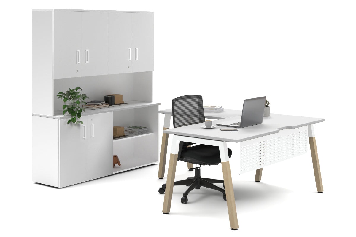 Premium L-Shaped Quadro A Legs Executive Desk with Wooden Legs & White Cross Beam - 1800L x 1800W with Cable Management Scallop - Perfect for Home Office, Corporate Workspace & Modern Study Room