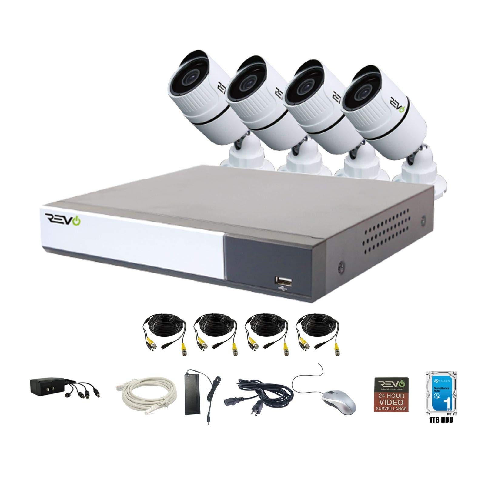 REVO America Aerohd 4CH 1080P DVR Security System with 1TB HDD & 4 Weatherproof Bullet Cameras - Indoor/Outdoor Surveillance, Remote Viewing via Smartphone, Tablet, PC & Mac (RA41JBF-1) - Perfect for Home, Office & Business Security Monitoring