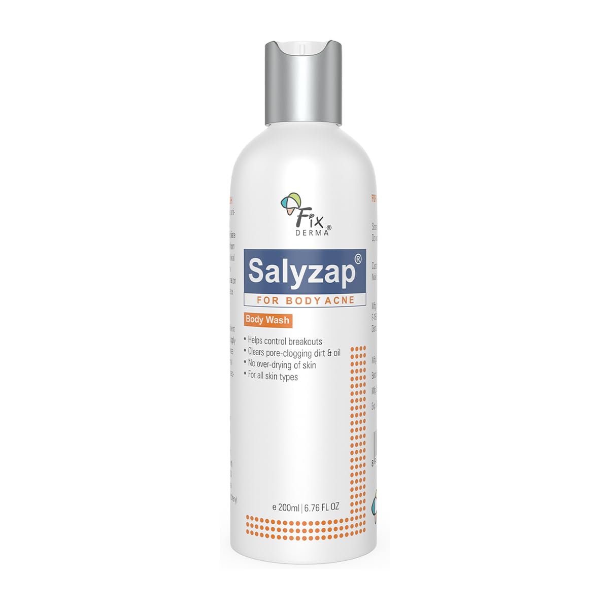Fixderma Salyzap 2% Salicylic Acid Body Wash for Acne Treatment | Exfoliating & Anti-Acne Body Wash for Back, Chest & Arms | Helps Control Breakouts & Unclog Pores - 200ml | Ideal for Acne-Prone Skin & Daily Shower Routine