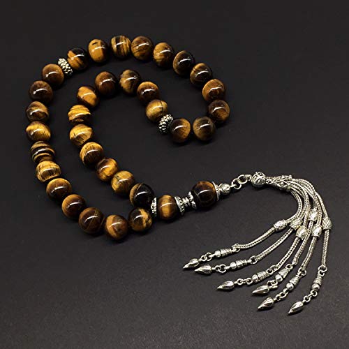 -Tiger Eye Stone with Metal Tassel -12 mm-33 Beads-