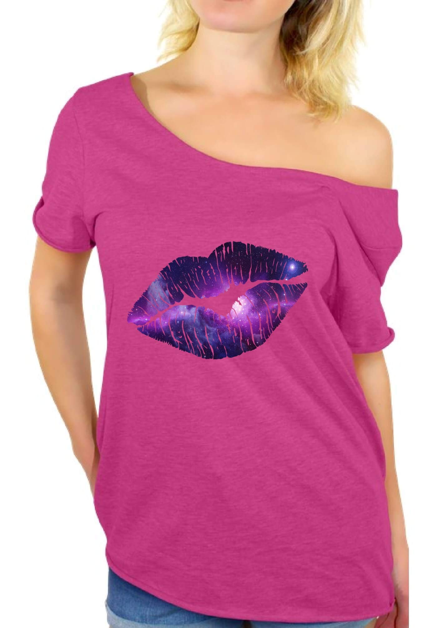 Awkwardstyles Women's Lips Galaxy Print Off Shoulder T-Shirt - Trendy Graphic Tee with Free Bookmark Gift - Perfect for Concerts, Date Nights & Casual Outings