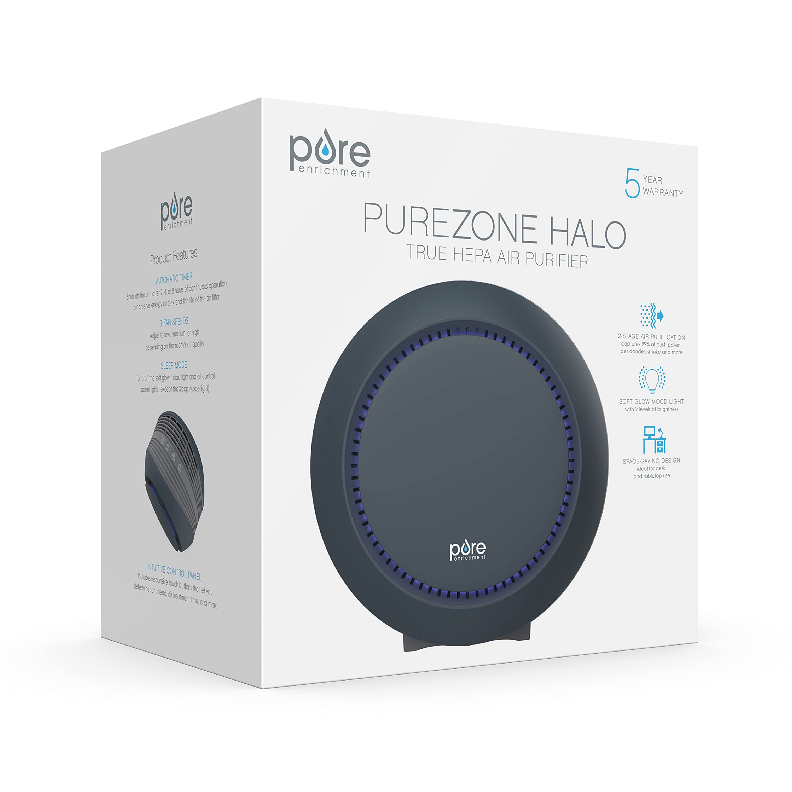 Pure Enrichment PureZone Halo Medium Room Air Purifier with 2-Stage Filtration - Removes Smoke, Pollen, Dust & Pet Dander | Compact Design for Bedroom, Office & Living Room (Graphite)