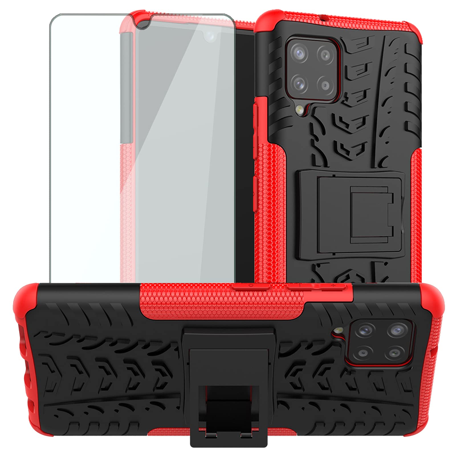 Samsung Galaxy A42 5G Phone Case with Tempered Glass Screen Protector, Kickstand & Rugged Hybrid Cover - Shockproof Protective Case for Men & Women (Black/Red) - Perfect for Work, Travel & Outdoor Activities