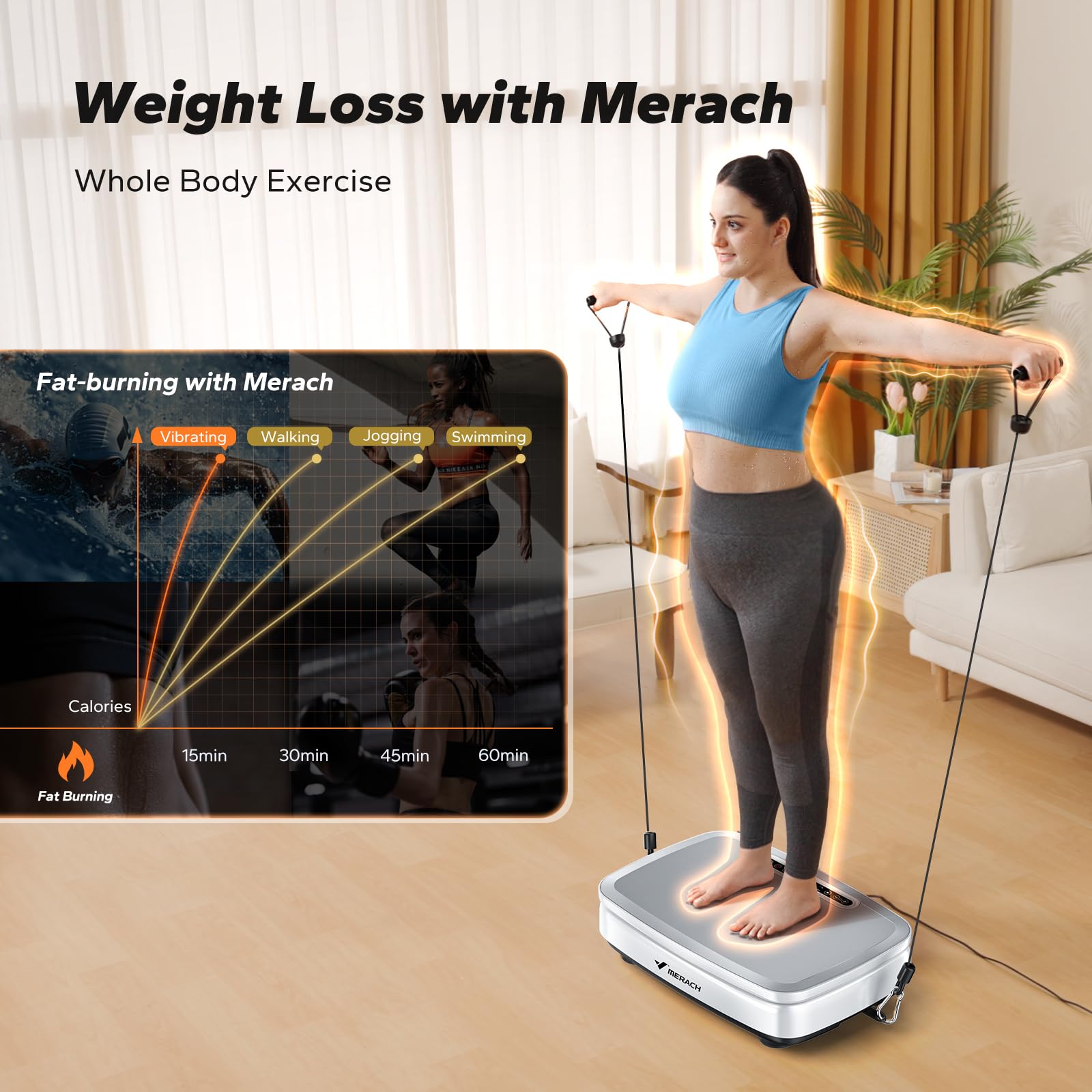 MERACH Vibration Plate Exercise Machine - Whole Body Workout Equipment with 2 Tension Ropes & LED Display for Women & Men - Home Gym Fitness Trainer for Weight Loss, Muscle Toning & Relaxation - Perfect for Small Spaces & Home Workouts