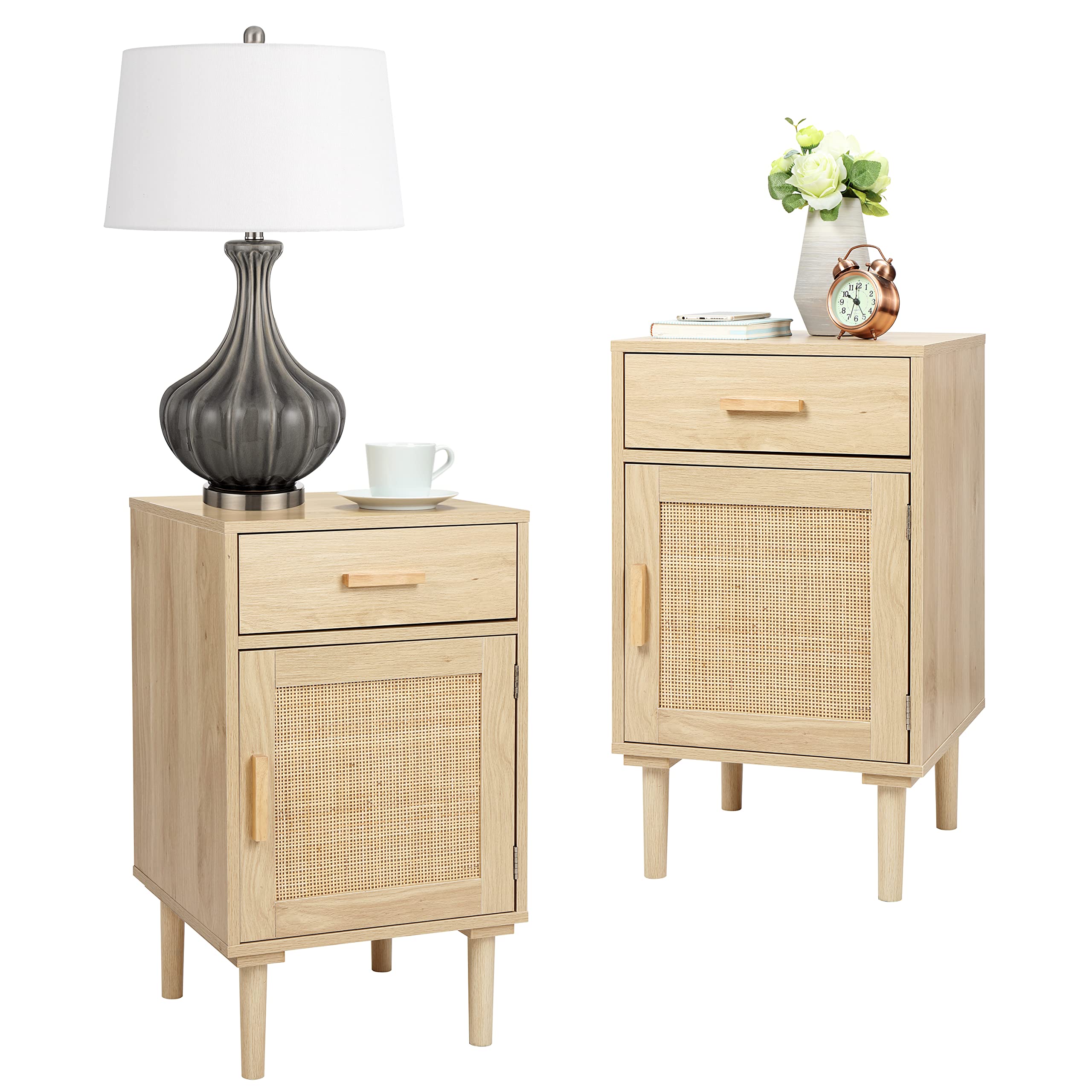 Finnhomy 2-Pack Tall Nightstands with Drawer & Shelf, Handmade Rattan Decor Bedside Tables - Natural Wood Bedroom Storage for Master Bedroom, Guest Room, or Dorm