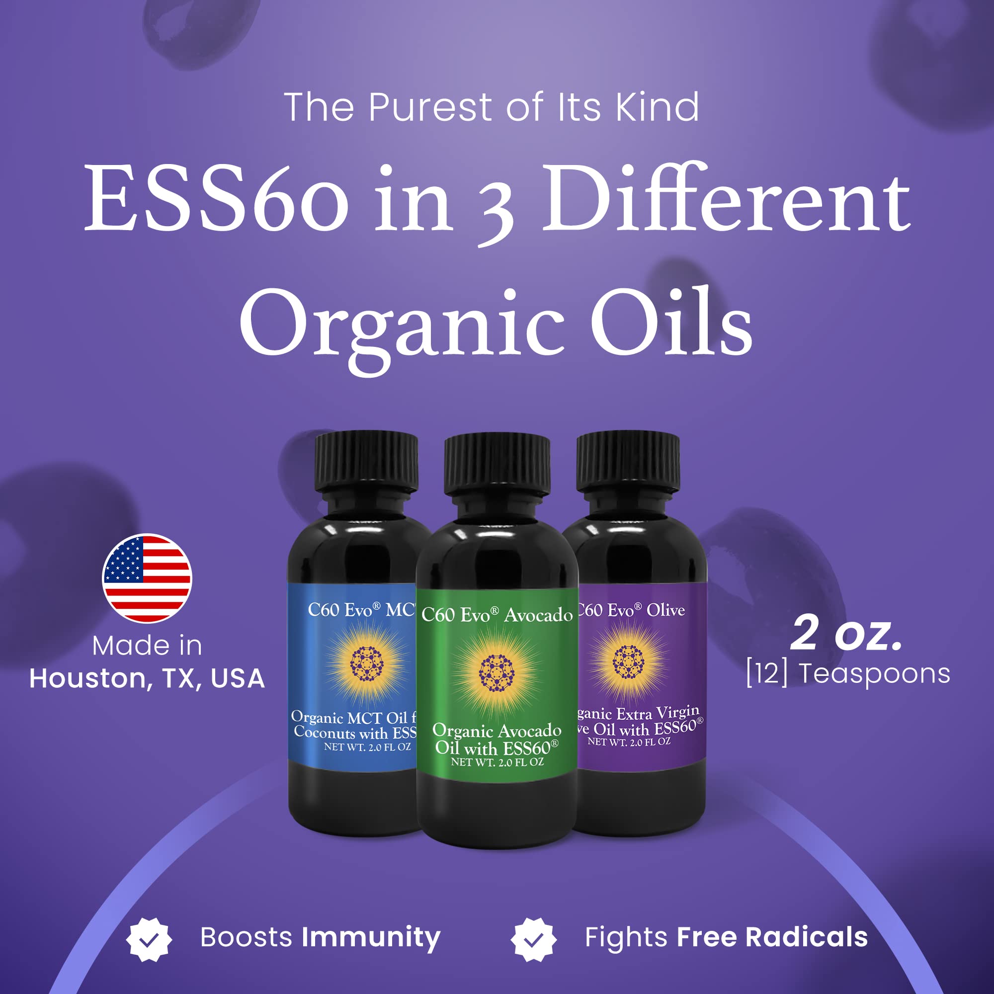 Premium C60 Evo All-Natural Edible Oil Sampler Set - Pure C60 ESS60 for Immune & Joint Support (Olive Oil, Avocado Oil & MCT Coconut Oil) - 3 Bottles, 2 oz Each - Perfect for Daily Wellness, Cooking & Natural Supplementation