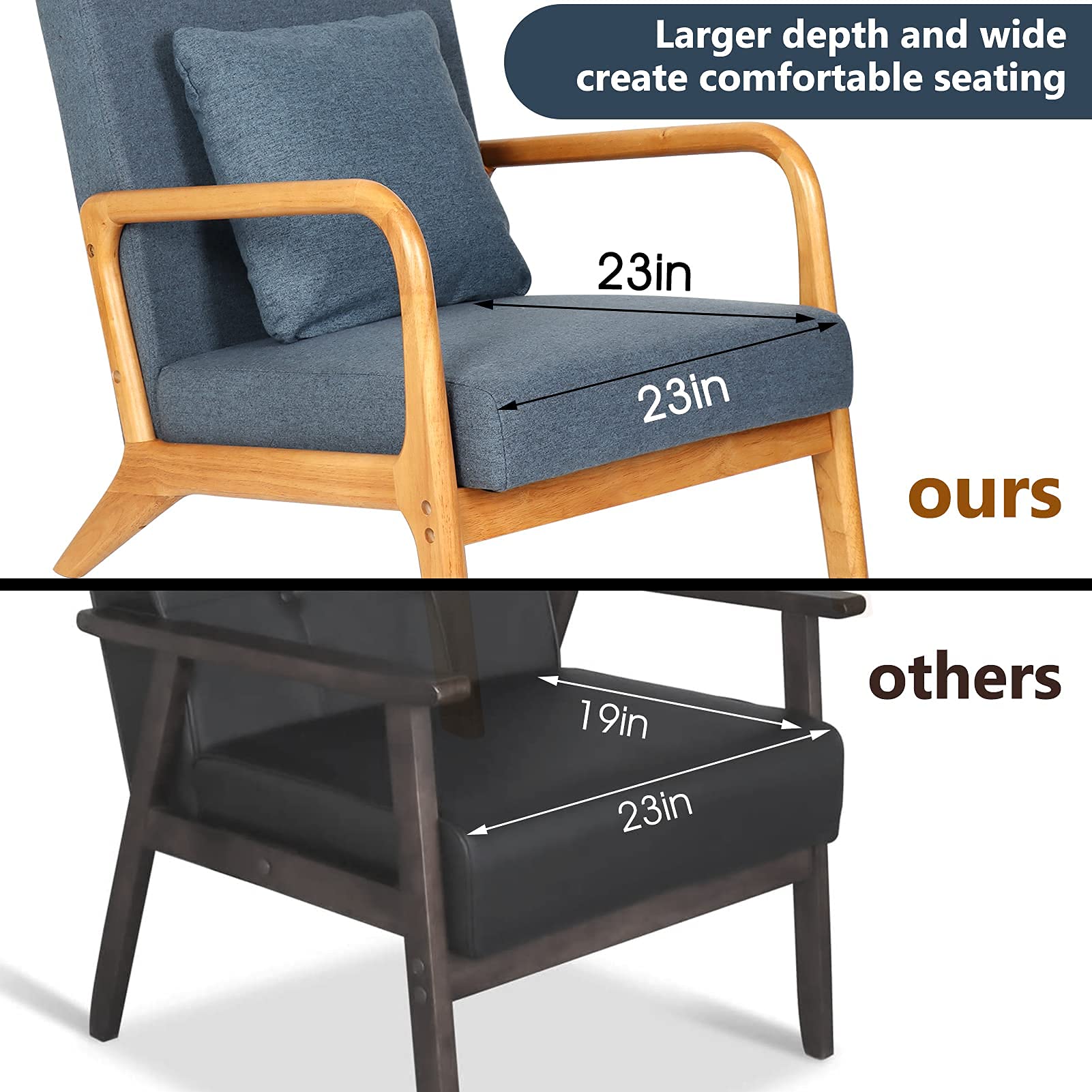 Mid-Century Modern Accent Chair - Solid Wood Frame Armchair with Soft Cushion & Pillow - Comfortable Deeper Sitting Chair for Living Room, Bedroom, Balcony - Perfect for Relaxing, Reading & Home Decor (Navy Blue)