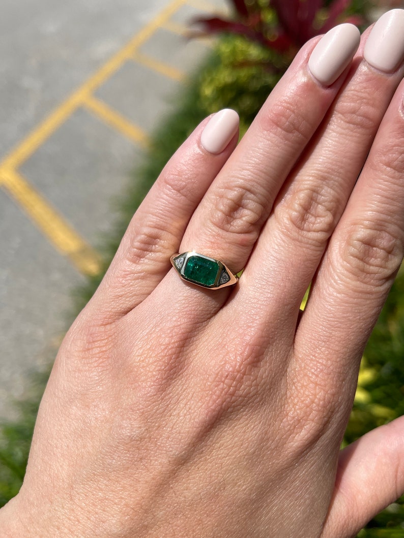 2.05 Carat Dark Green Emerald & Trillion Cut Diamond Three Stone Gypsy Ring in 14K Gold - Perfect for Engagement, Anniversary & Special Occasion Jewelry Gifts
