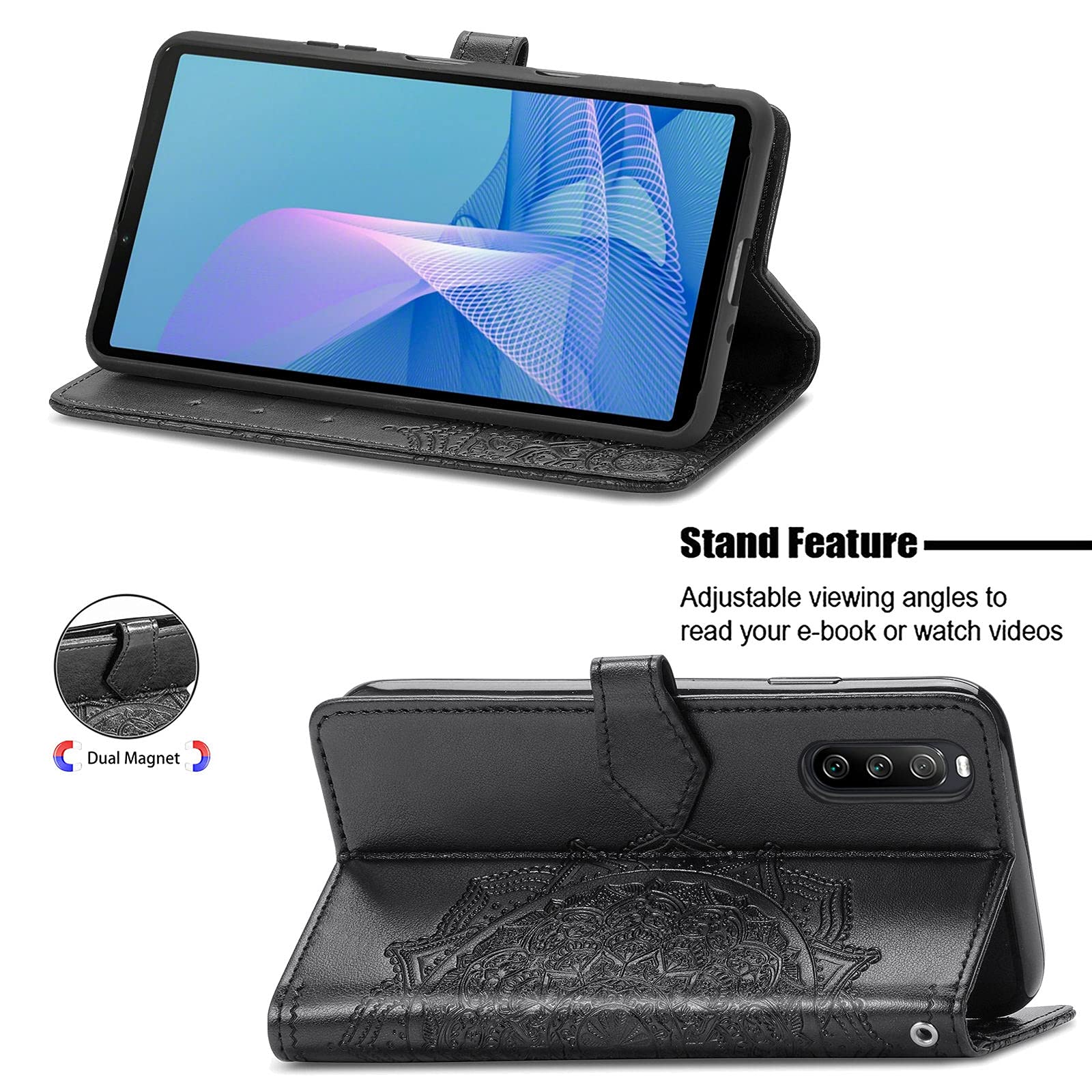 Sony Xperia 10 III Leather Phone Case with Mandala Embossing, Card Slots, Kickstand & Lanyard - Horizontal Flip Wallet Case for Protection & Style | Perfect for Daily Use, Travel & Business Meetings