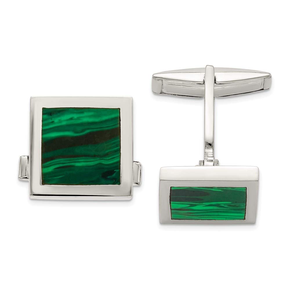 Sterling Silver Malachite Cufflinks for Men - 15mm Black Bow Square Design - Perfect for Weddings & Formal Events