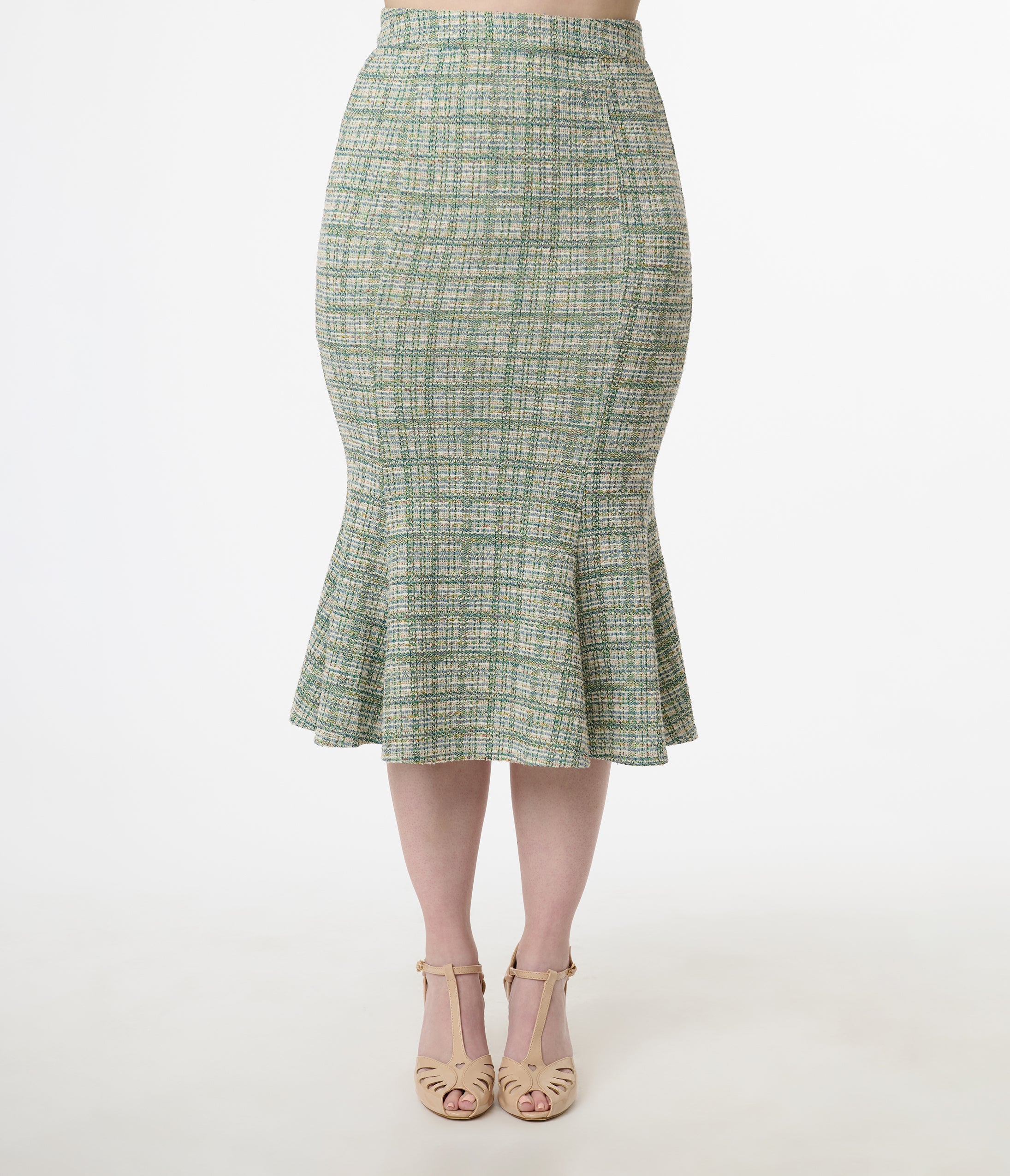 Vintage 1940s Green Plaid Boucle Trumpet Skirt - Retro Swing Skirt for Women | Perfect for Vintage Themed Parties, Swing Dancing & 1940s Fashion Lovers