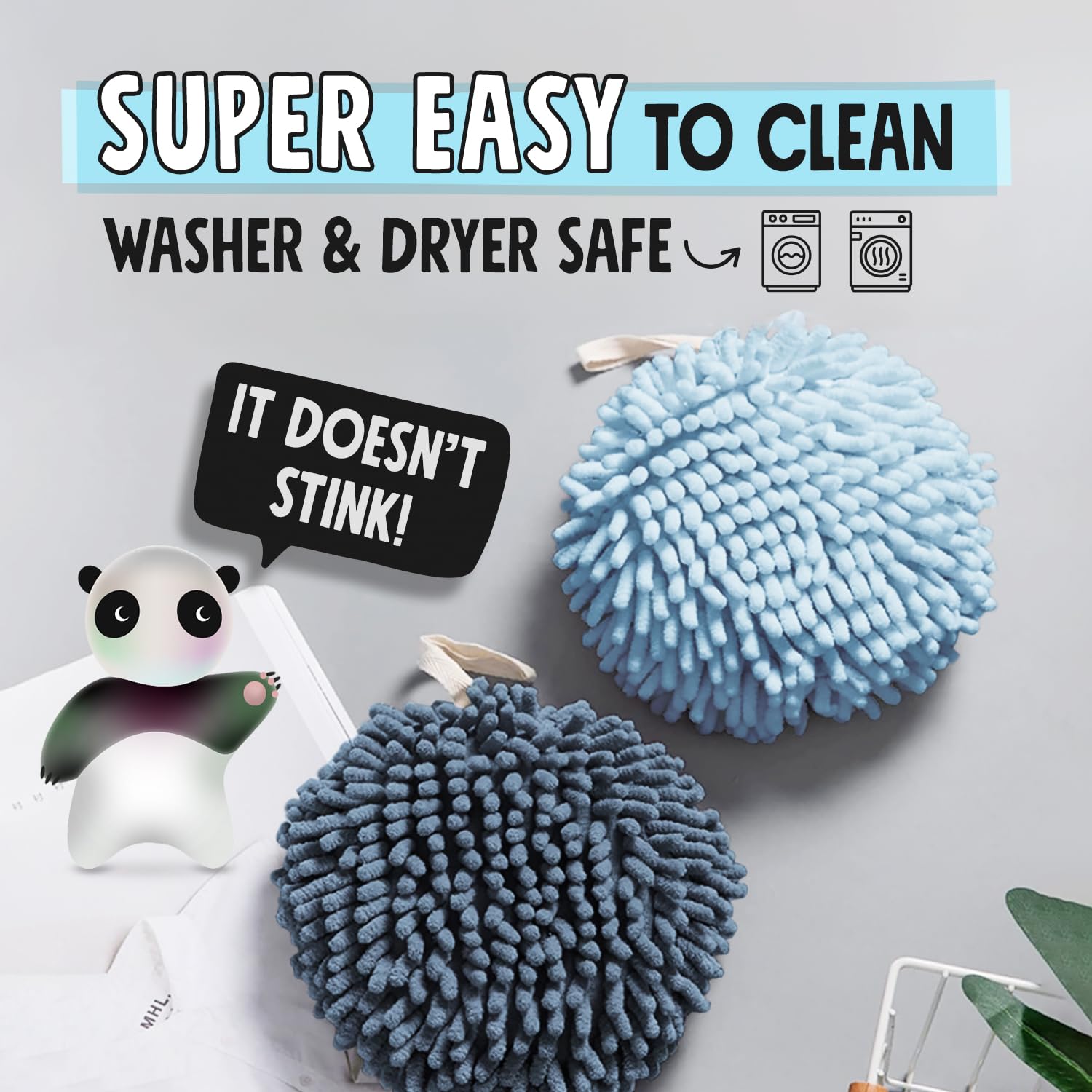 Sophie & Panda Soft Fuzzy Ball Hand Towels Set of 2 - Super Absorbent White & Gray Bathroom Towels for Quick Drying | Decorative Guest Towels for Powder Room, Kitchen & Spa Use