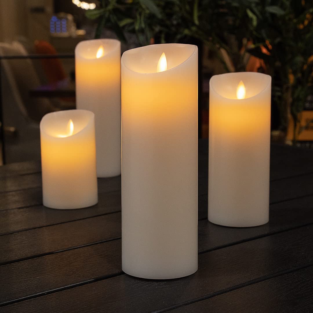 Restaurantware 3 x 8.7 Inch Flameless LED Pillar Candles - 10 Pack Programmable Dancing Flame, Real Wax Battery Operated Candles for Weddings, Parties & Home Decor (White, Remote Sold Separately) - Perfect for Centerpieces, Romantic Dinners & Holiday Decorations