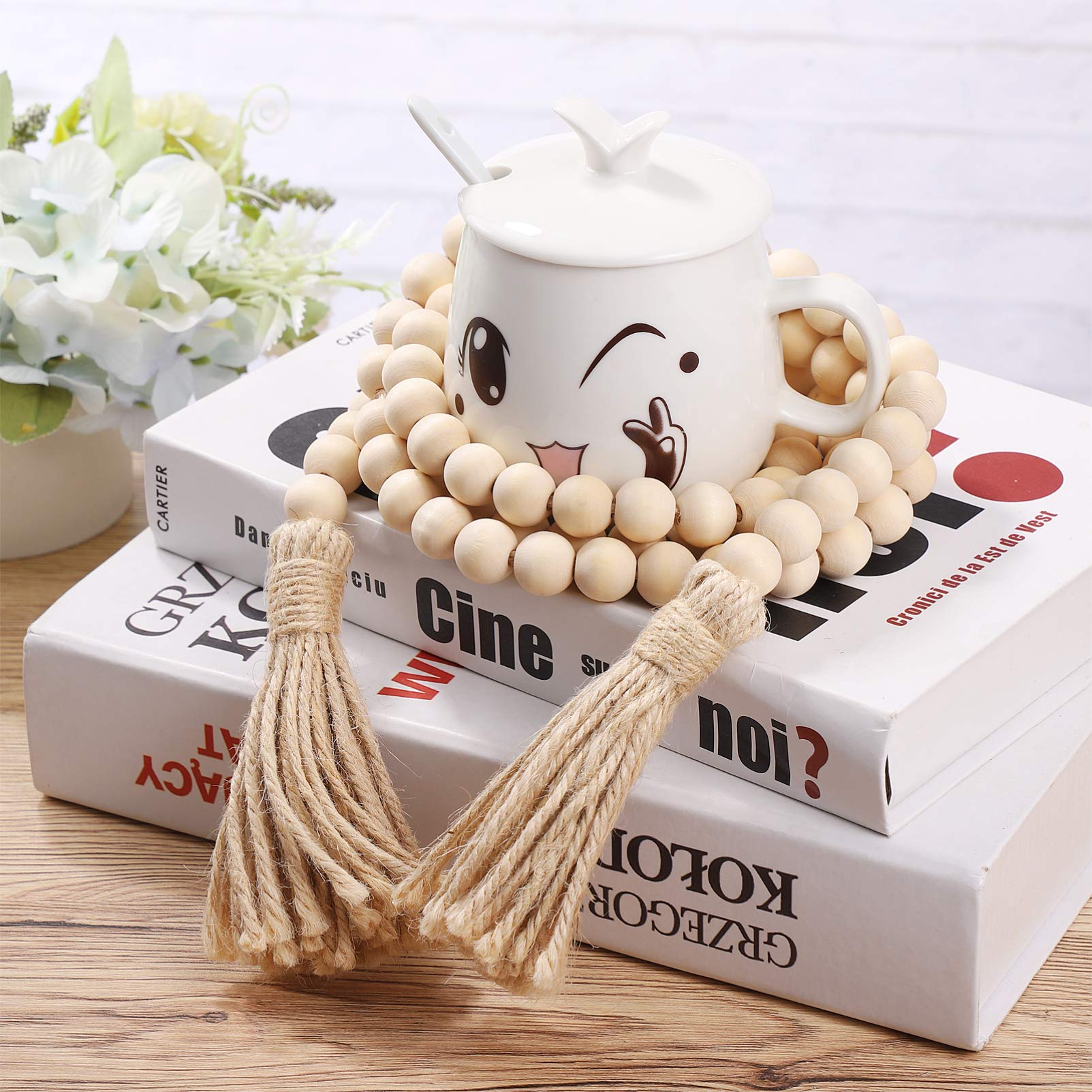 63 Inch Rustic Wood Beads Garland with Tassels - Farmhouse Country Wall Hanging Decor, Prayer Beads for Boho Home, Wedding, Christmas & Mantel Decoration
