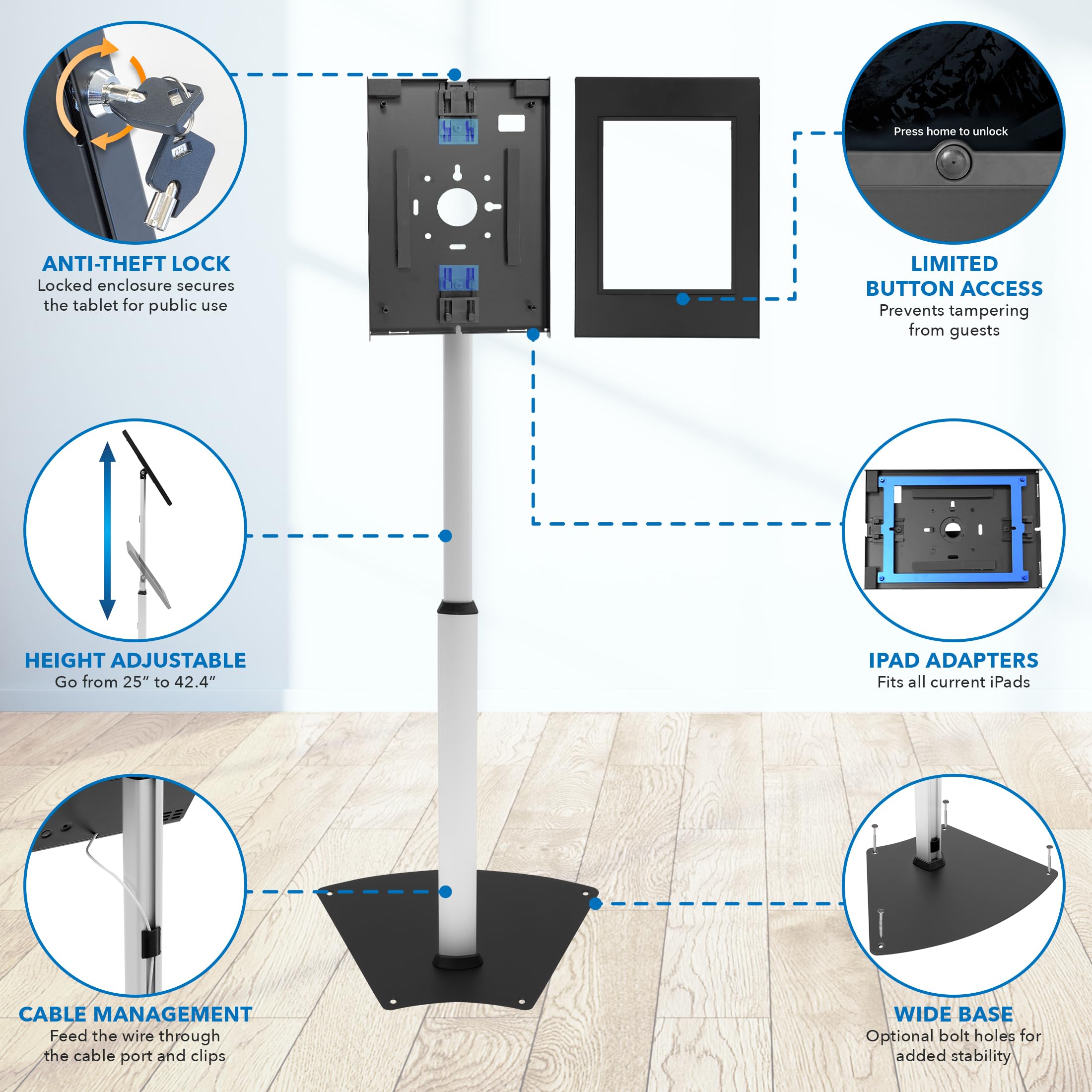 Mount-It! Anti-Theft Adjustable Floor Stand for iPad 10/9/8, iPad Pro 11/10.5, iPad Air 10.5 - Secure Steel Kiosk with Locking Mechanism for Retail Stores, Business Displays & Public Spaces