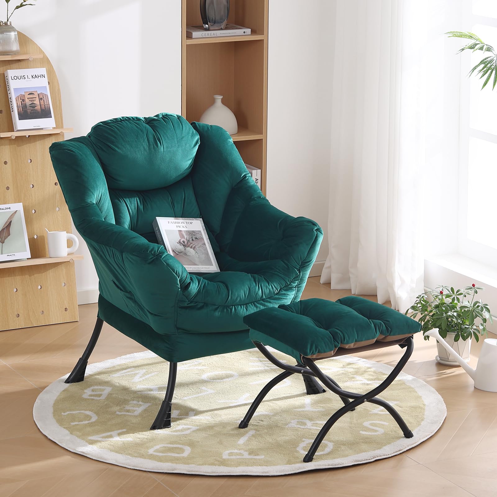 Oversized Lounge Chair with Ottoman - Modern Accent Chair with Folding Footrest, Velvet Dark Green Comfortable Reading Chair for Bedroom, Study, Living Room & Courtyard - Perfect for Relaxing, Reading & Home Decor