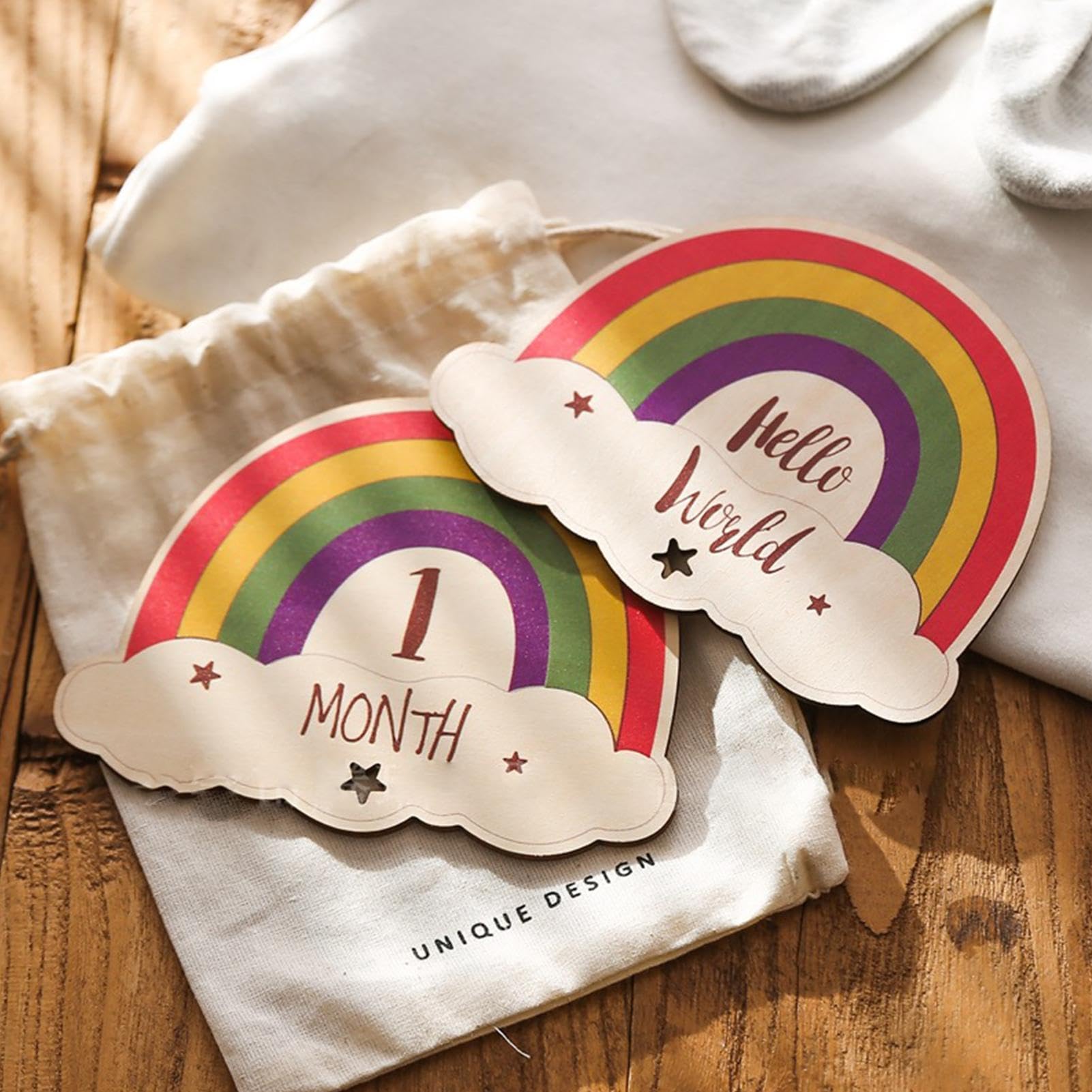 Rainbow Milestones Cards - Wooden Baby Monthly Signs, Colorful Baby Month Announcement, Baby Growth Tracker for Newborns & Infants - Perfect for Baby Showers, Monthly Photos, and Milestone Celebrations