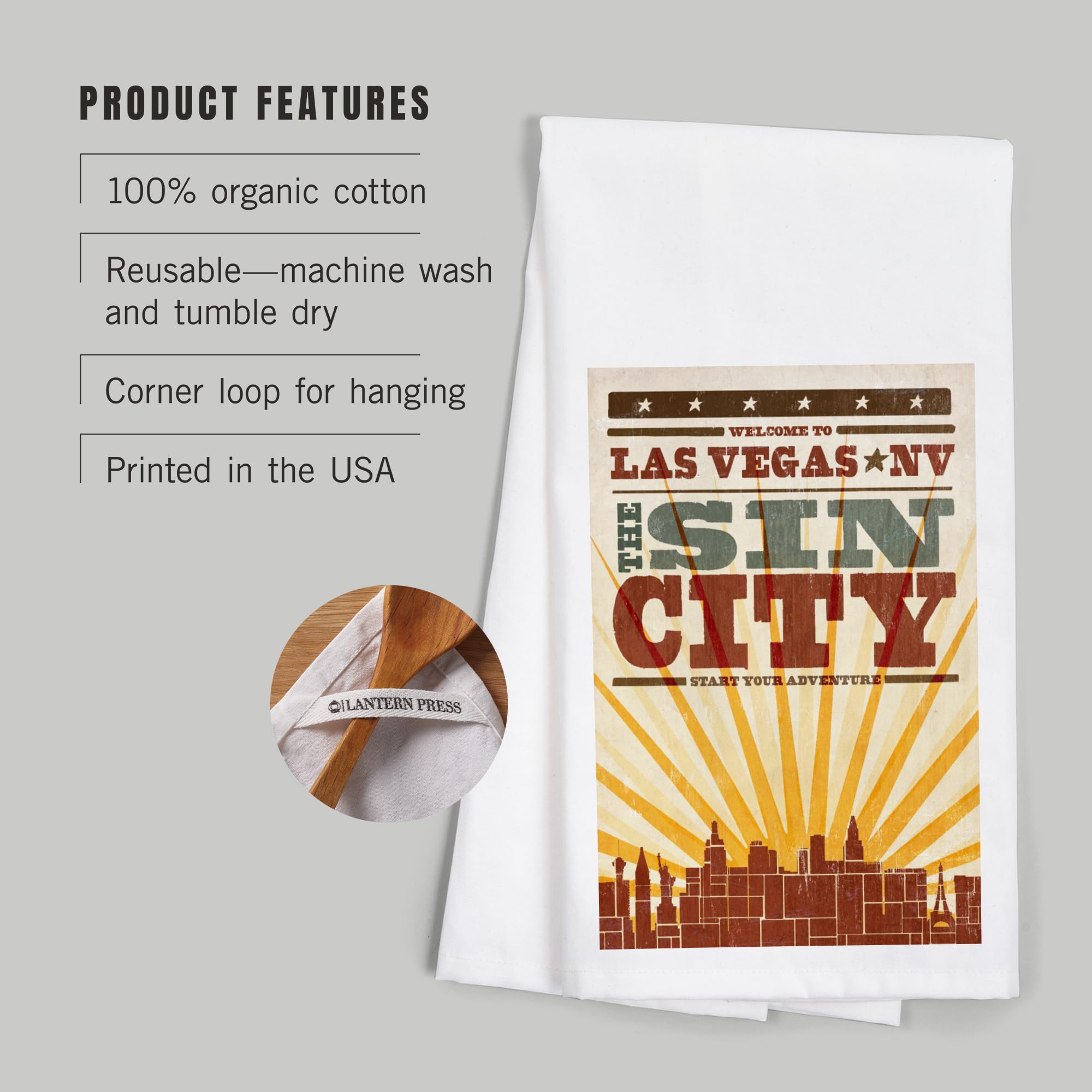 Las Vegas Nevada Skyline Sunburst Screenprint Tea Towel - 100% Cotton Decorative Hand Towel for Kitchen & Home Decor - Perfect for Dish Drying, Gift Giving & Western Themed Decor