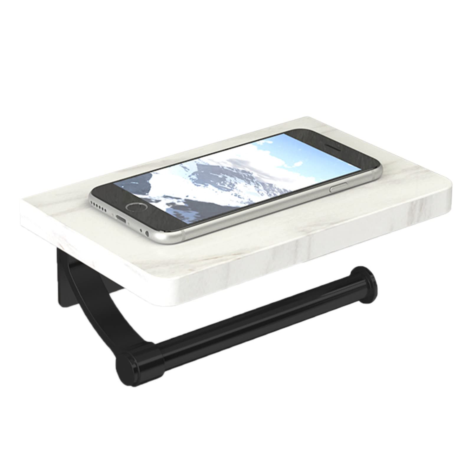 No-Drill Adhesive Toilet Paper Holder with Phone Shelf - Marble & Stainless Steel Wall Mount Tissue Roll Holder for Bathroom, Restroom, RV - Black (Space-Saving Design, Perfect for Small Bathrooms & Apartments)