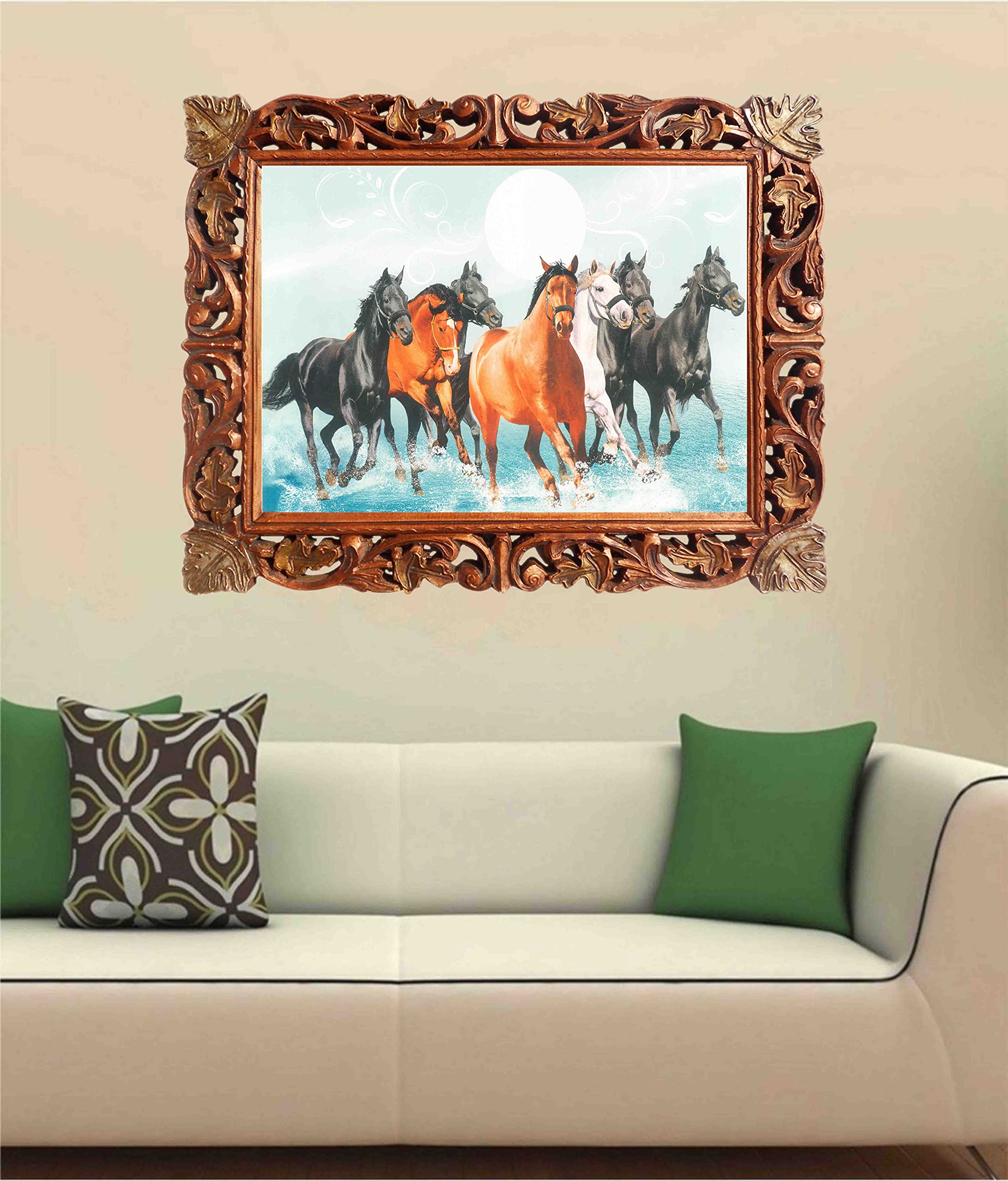 Seven Running Horses in Water Poster Print - Handcrafted Wood Framed Wall Art for Vaastu Shastra, Feng Shui Home & Office Decor - Brings Peace, Harmony & Success | Perfect for Living Room, Bedroom or Workspace