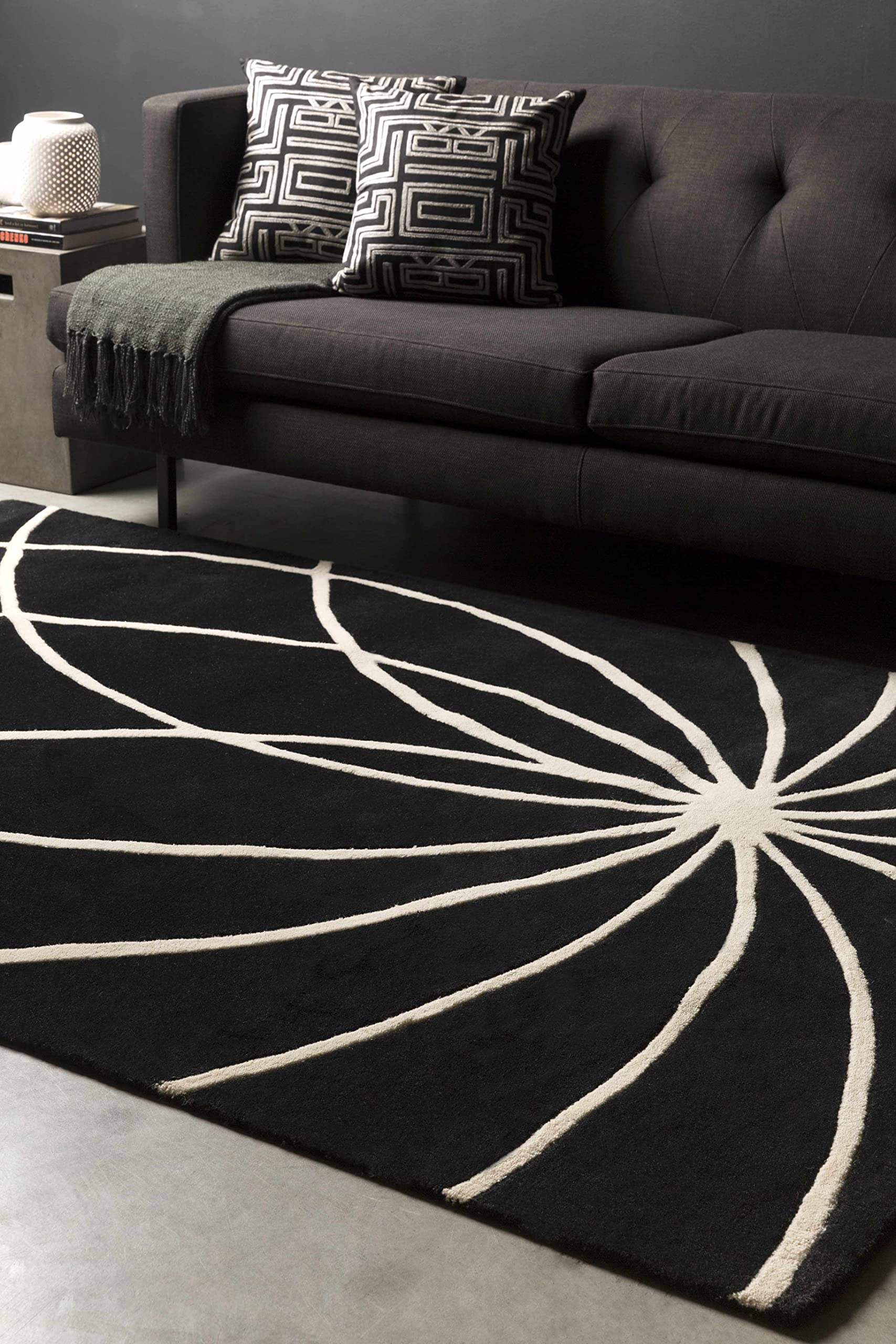 Hauteloom Harlem Wool Area Rug 10' x 14' - Soft Modern Living Room & Bedroom Carpet in Black & Beige - Perfect for Cozy Home Decor & High-Traffic Spaces