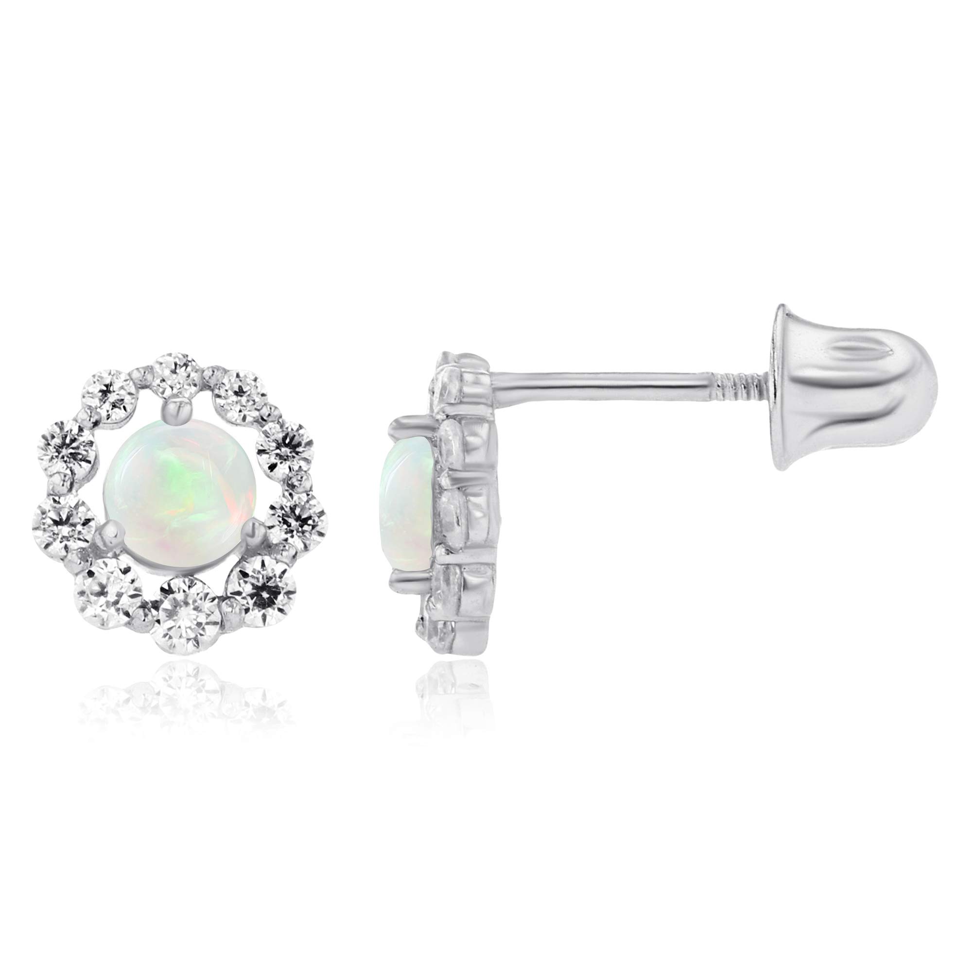 14K Solid Gold 6mm Halo Birthstone Stud Earrings for Women | 3mm Round Natural Birthstone | 1mm White Sapphire Halo Screwback Earrings | Perfect for Birthdays, Anniversaries & Everyday Elegance
