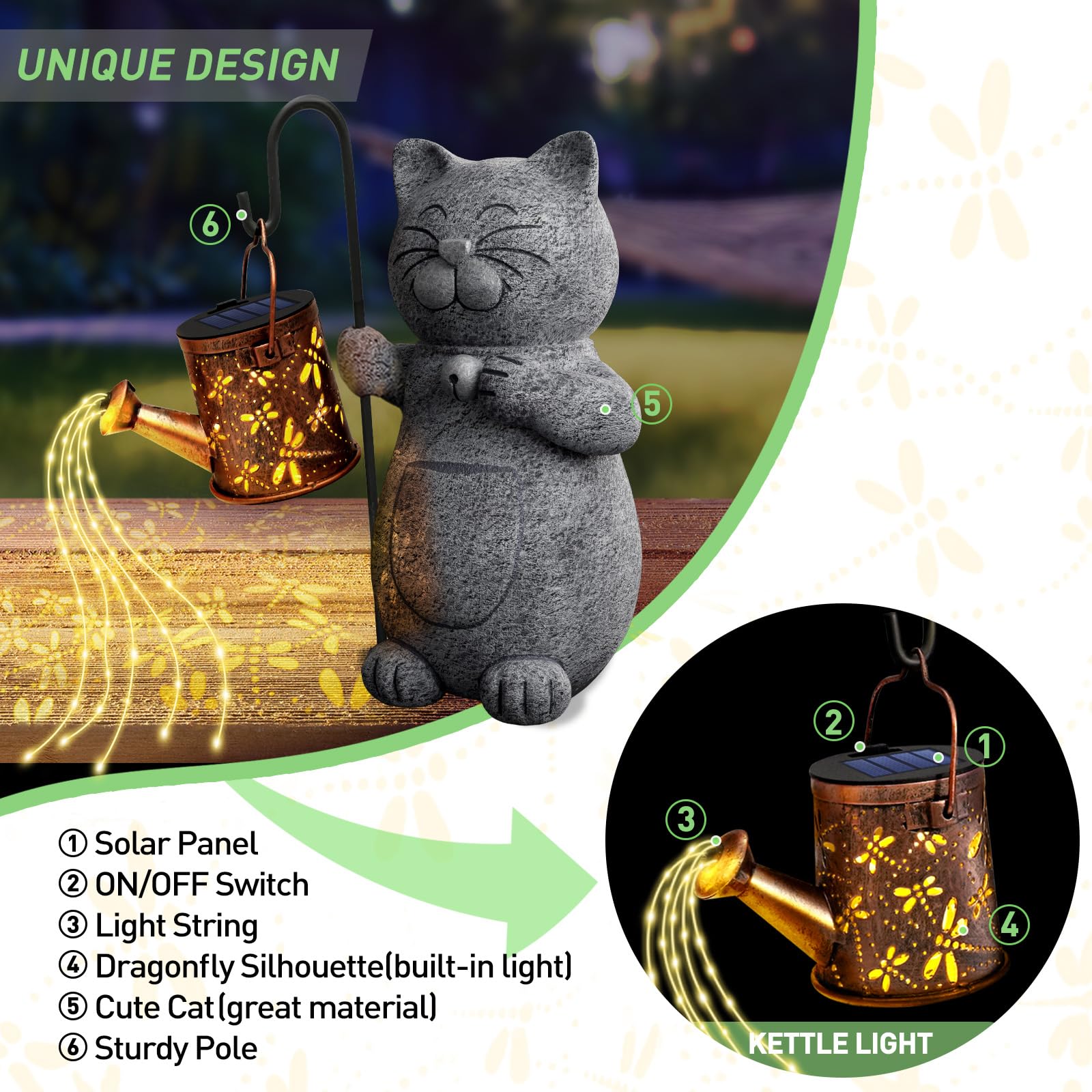 Solar Cat Garden Statue with LED Kettle Light - Unique Mother's Day, Birthday Gift for Women, Grandma, Cat Lovers - Perfect Outdoor Decor for Garden, Patio, Yard & Housewarming