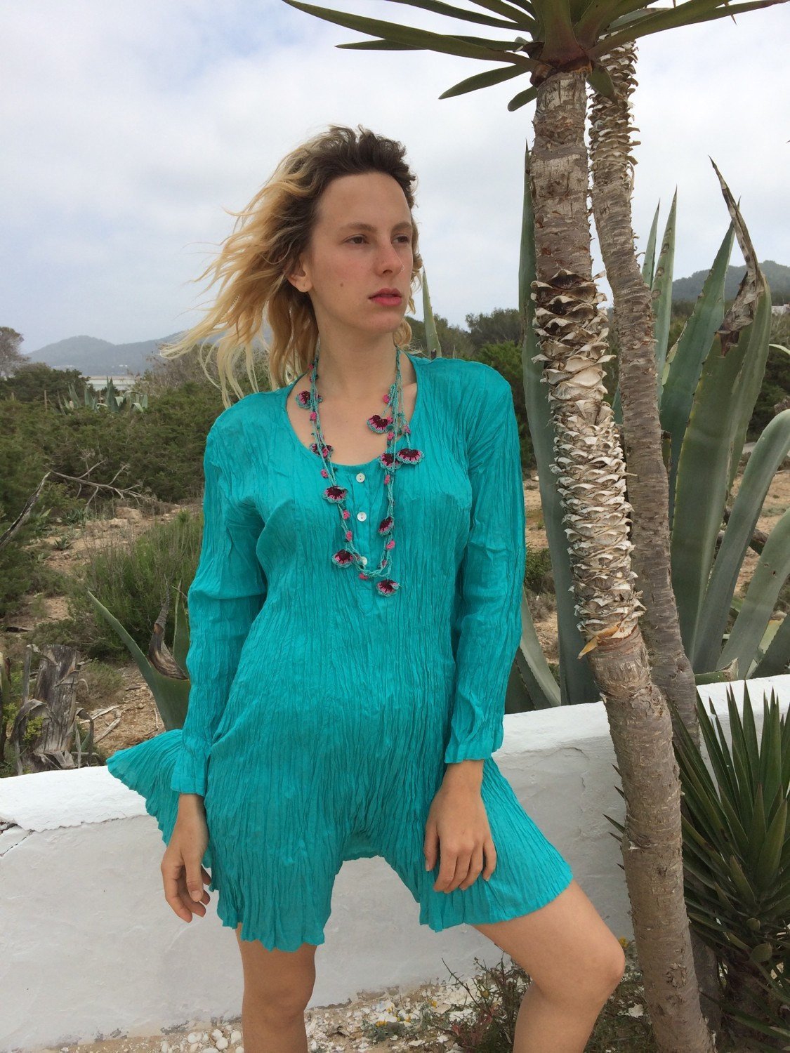 Turquoise Blue Cotton Kaftan Dress - Boho Chic Beach Cover Up from Ibiza | Perfect for Poolside, Vacation & Summer Outfits