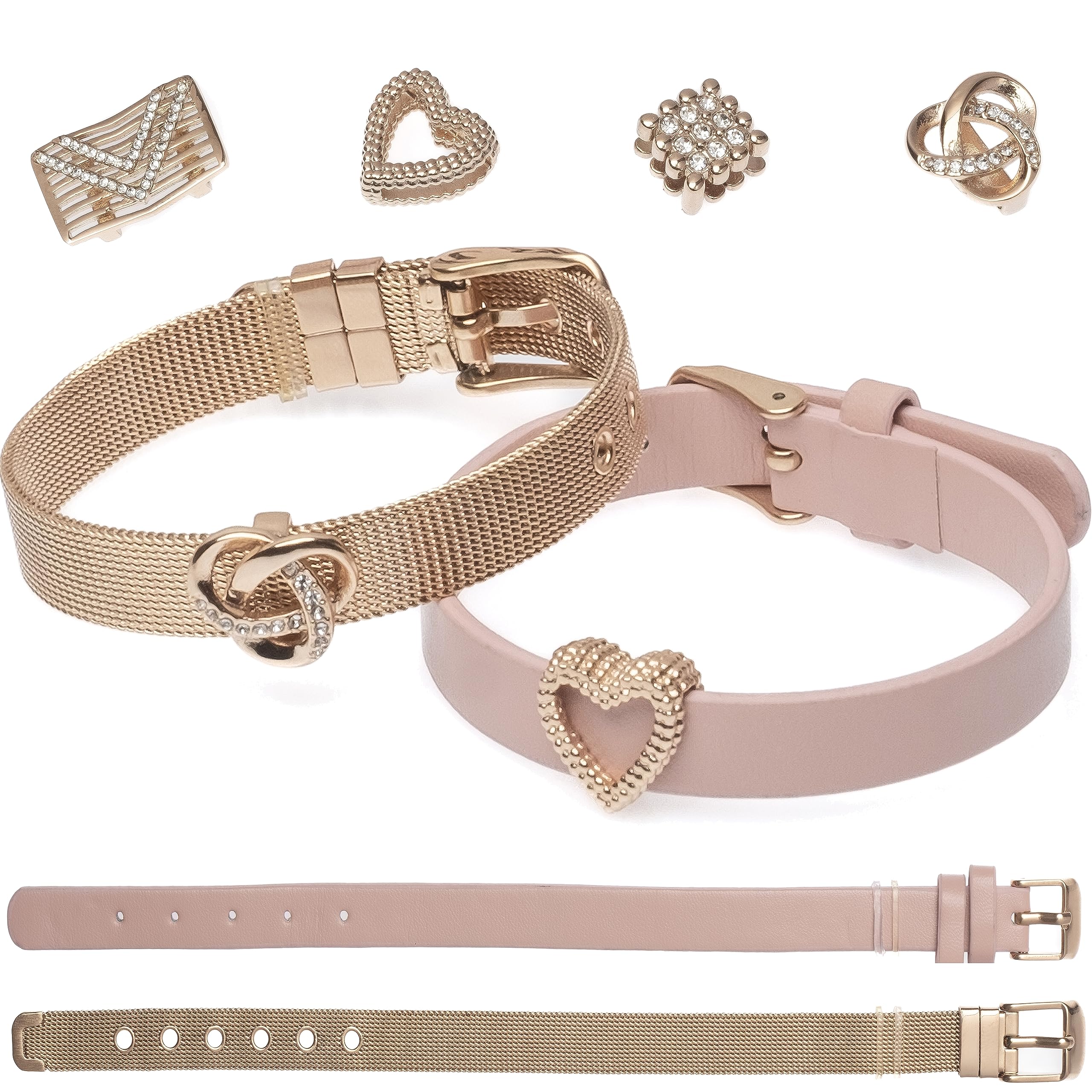 Trendy Women's Charm Bracelet Set - 2 Stainless Steel & Leather Bracelets + 4 Interchangeable Charms, Fashion Jewelry Gift for Women & Girls | Perfect for Daily Wear, Parties & Special Occasions