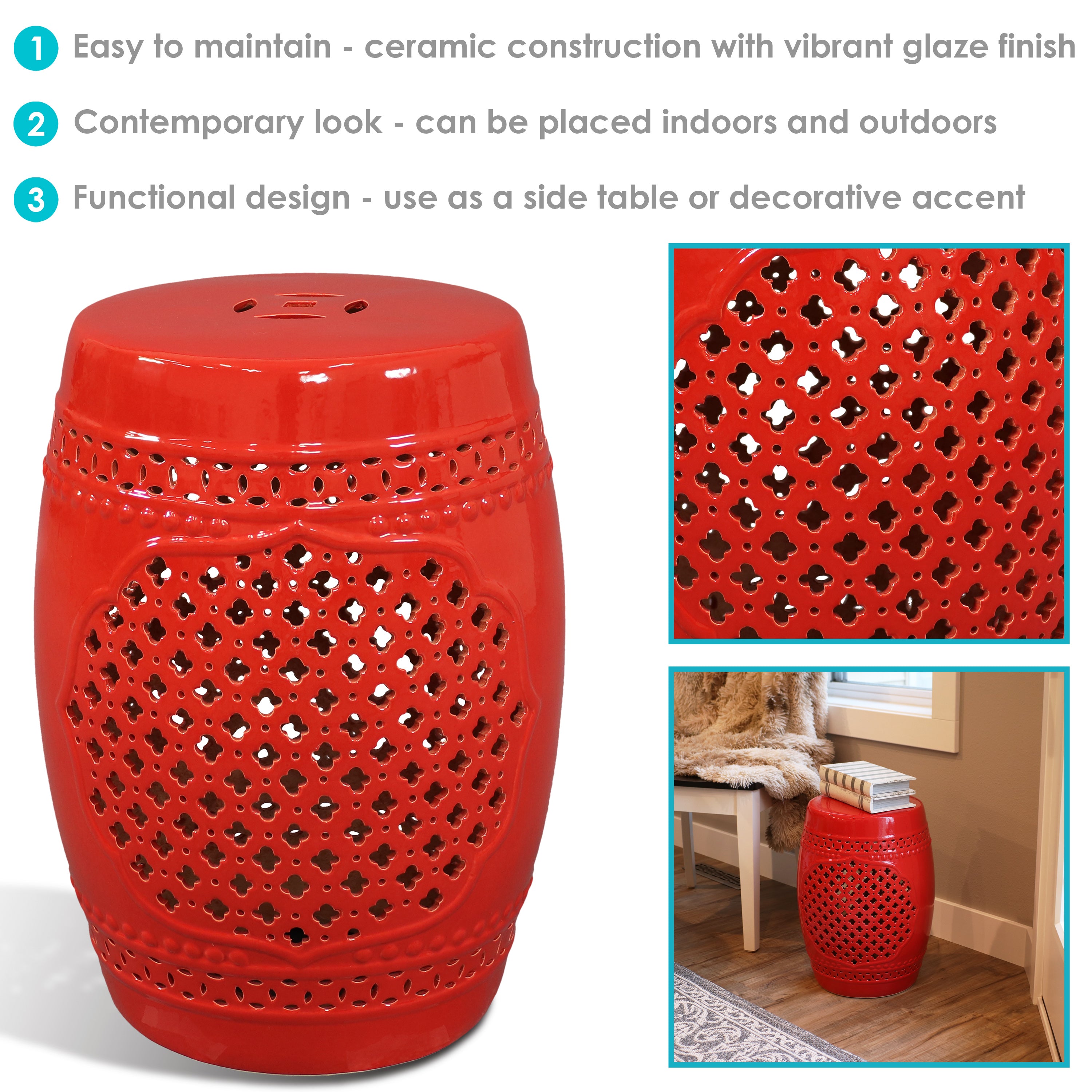 Sunnydaze Marrakesh Lattice Ceramic Garden Stool Side Table - 17.75 Inch Outdoor Patio Furniture, Boho Decor for Porch, Poolside, or Living Room Accent