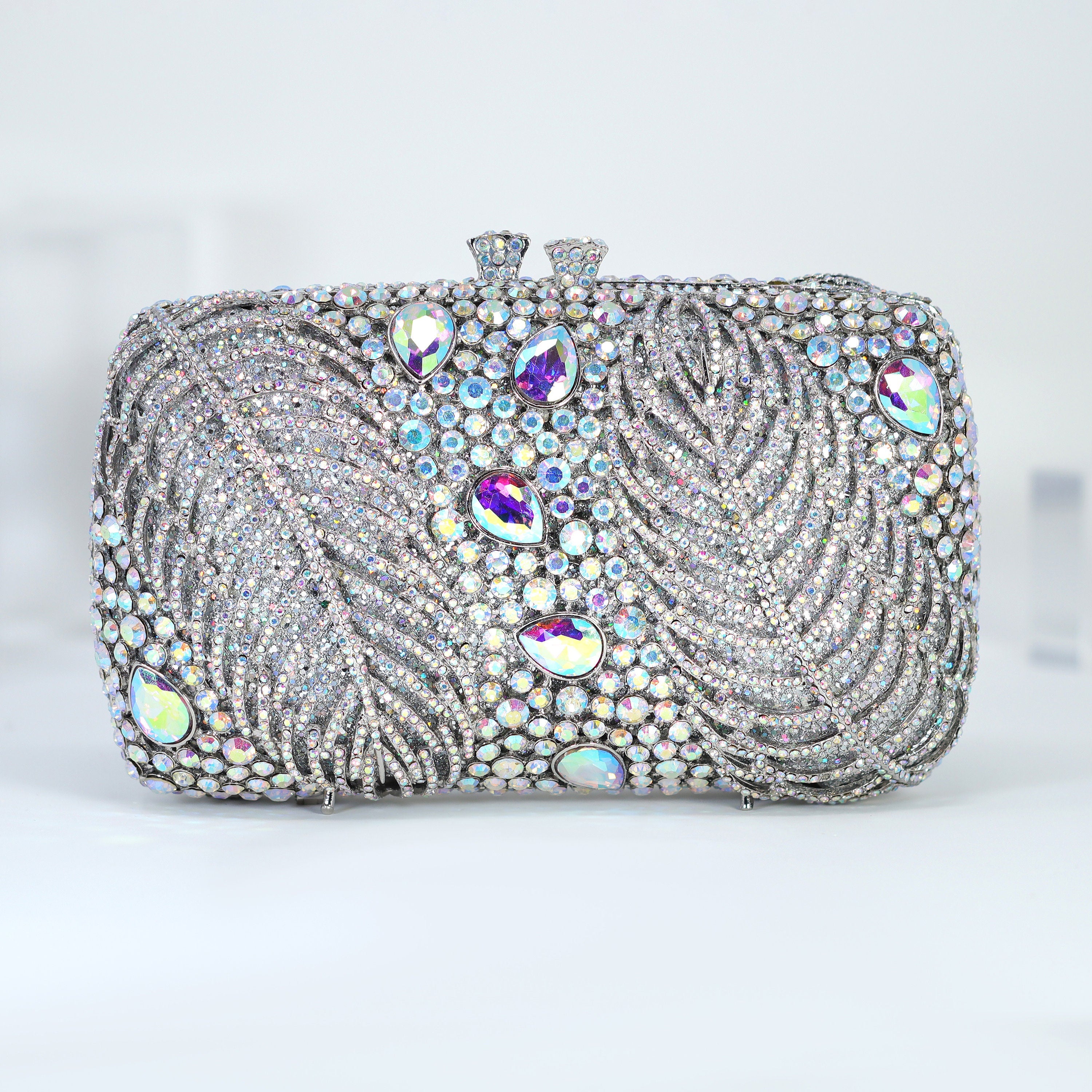 Elegant Silver Blue AB Crystal Embellished Feather Wedding Clutch - Luxury Evening Bag for Brides, Prom & Formal Events | Crossbody Statement Purse for Weddings, Parties & Special Occasions