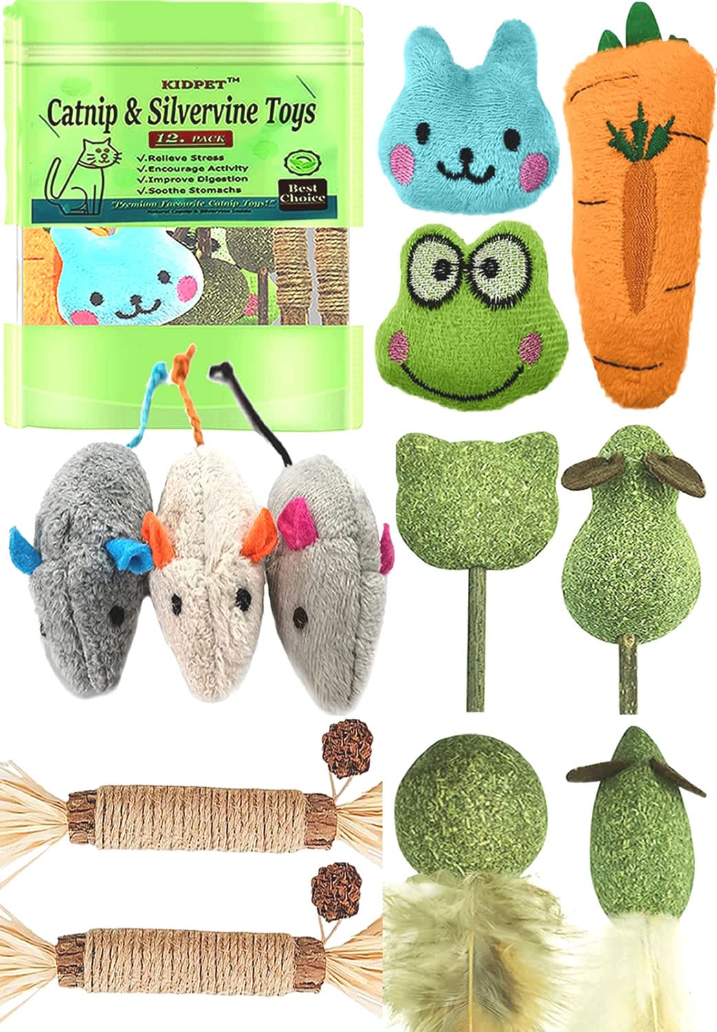 12 Pack Catnip Toys for Cats - Silvervine Sticks, Catnip Balls, Mice & Kicker Toys | Organic Chew Toys for Kittens & Teething Relief | Interactive Plush Mouse with Feathers - Perfect for Indoor Cat Play & Enrichment
