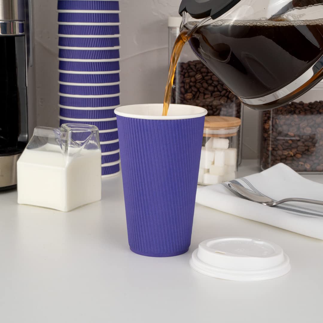 16oz Disposable Coffee Cups - 500 Pack Royal Purple Ripple Wall Paper Cups with Rolled Rim | Insulated Hot Cups for Coffee, Tea, Hot Chocolate | Perfect for Cafes, Offices, Events & Takeout
