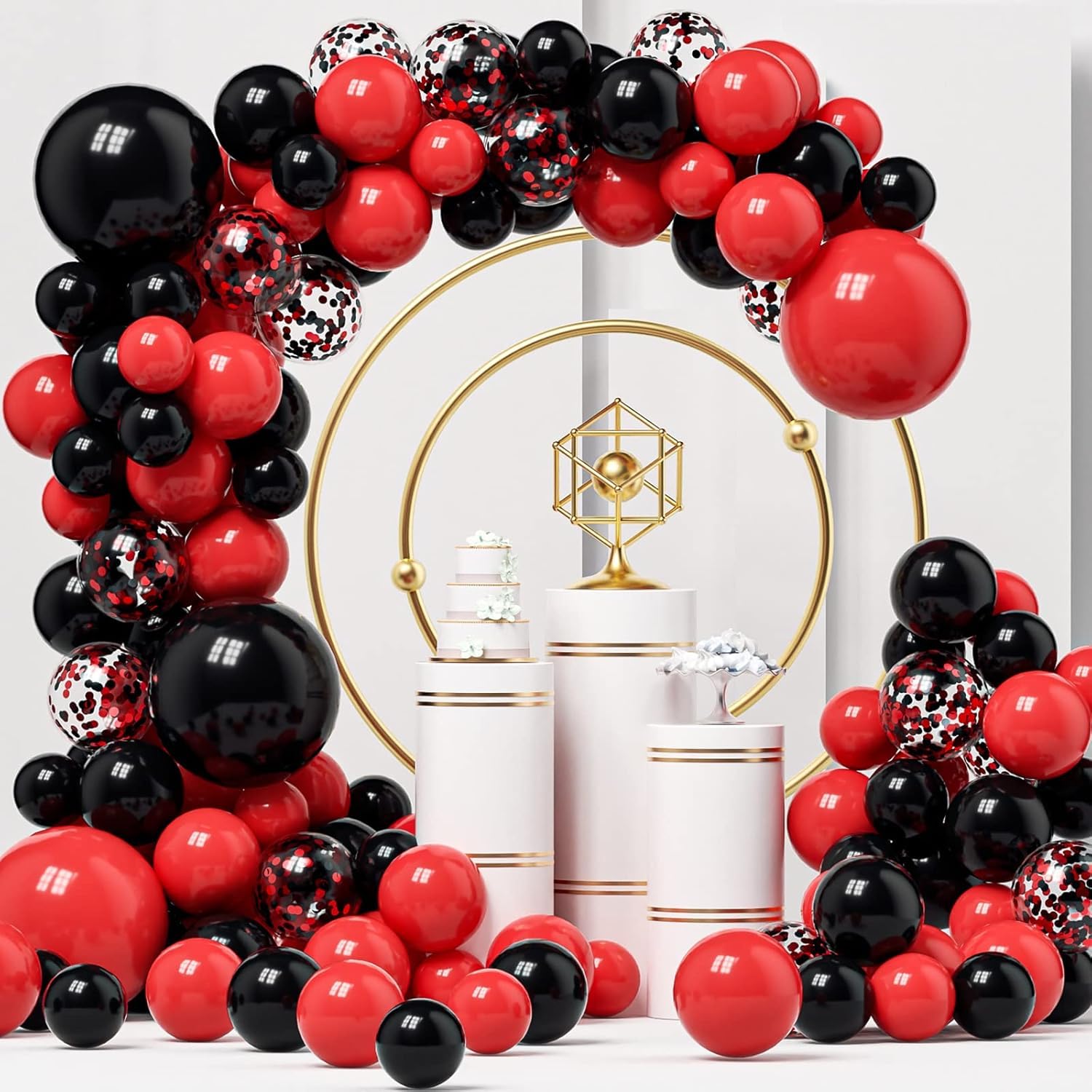 124-Pack Red and Black Balloons Garland Kit - Assorted Sizes with Confetti Balloons for Anniversary, Birthday, Bachelorette Party & Prom Decorations - Perfect for Party Arches, Photo Backdrops and Event Decor