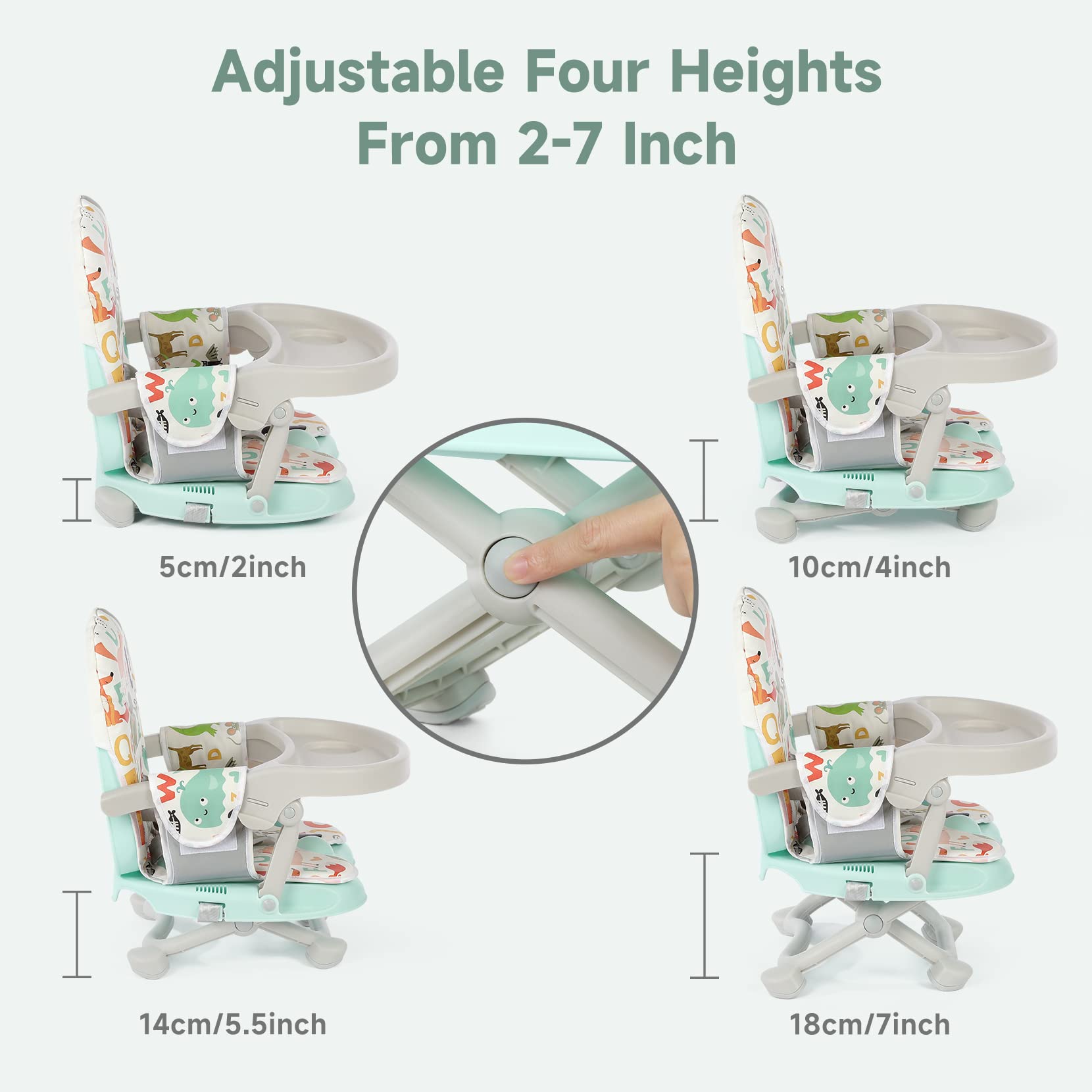 YOLEO Adjustable Baby Booster Seat with Removable Tray - Portable Foldable High Chair for Toddlers & Infants - Easy to Clean Travel Dining Seat for Home, Restaurant & Outdoor Use (Green)