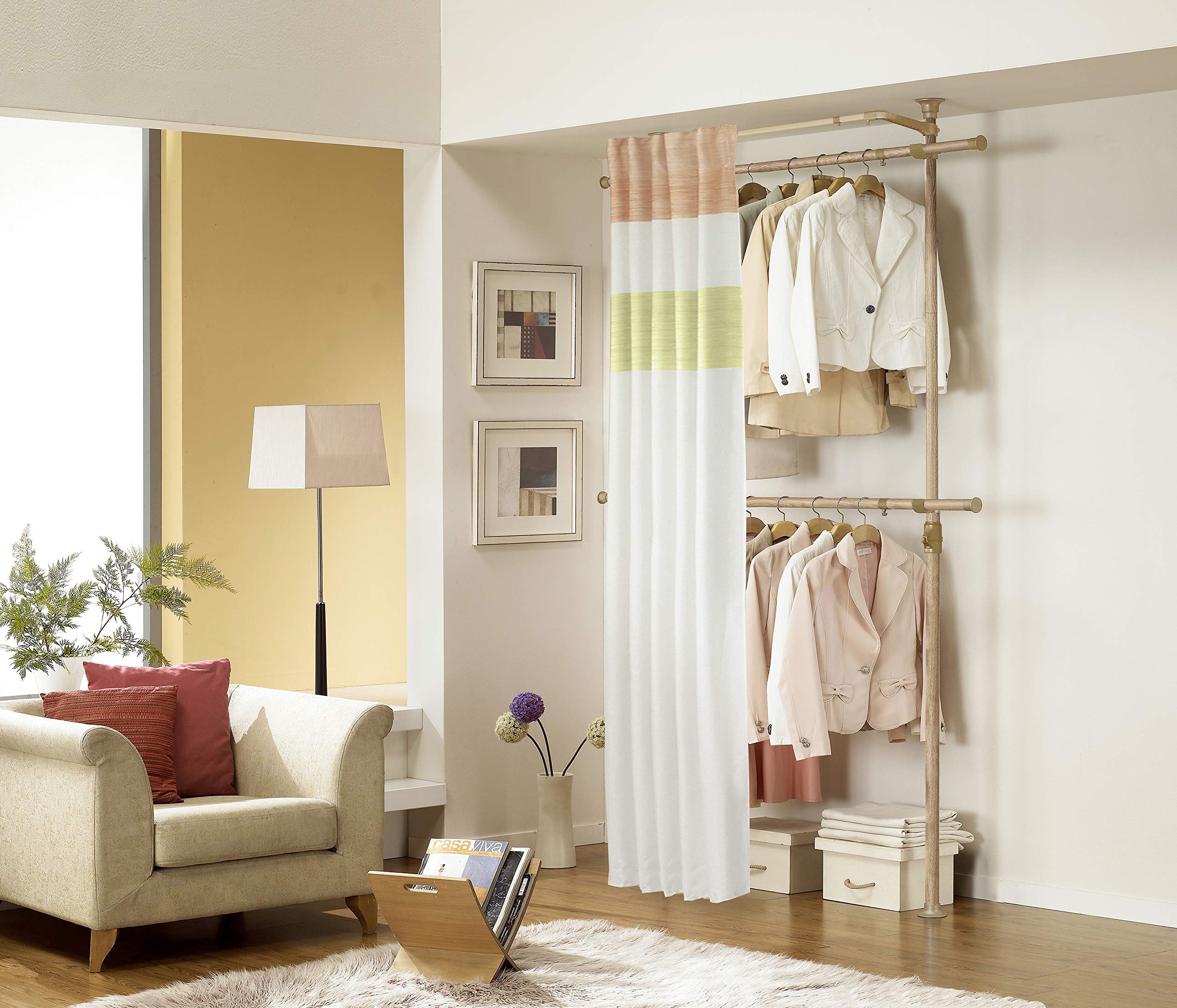 Premium Wooden 2-Tier Clothing Rack with Curtain - Free Standing Garment Hanger, Closet Organizer (PHUS-0063) | Made in Korea | Perfect for Bedroom, Closet & Laundry Room Organization