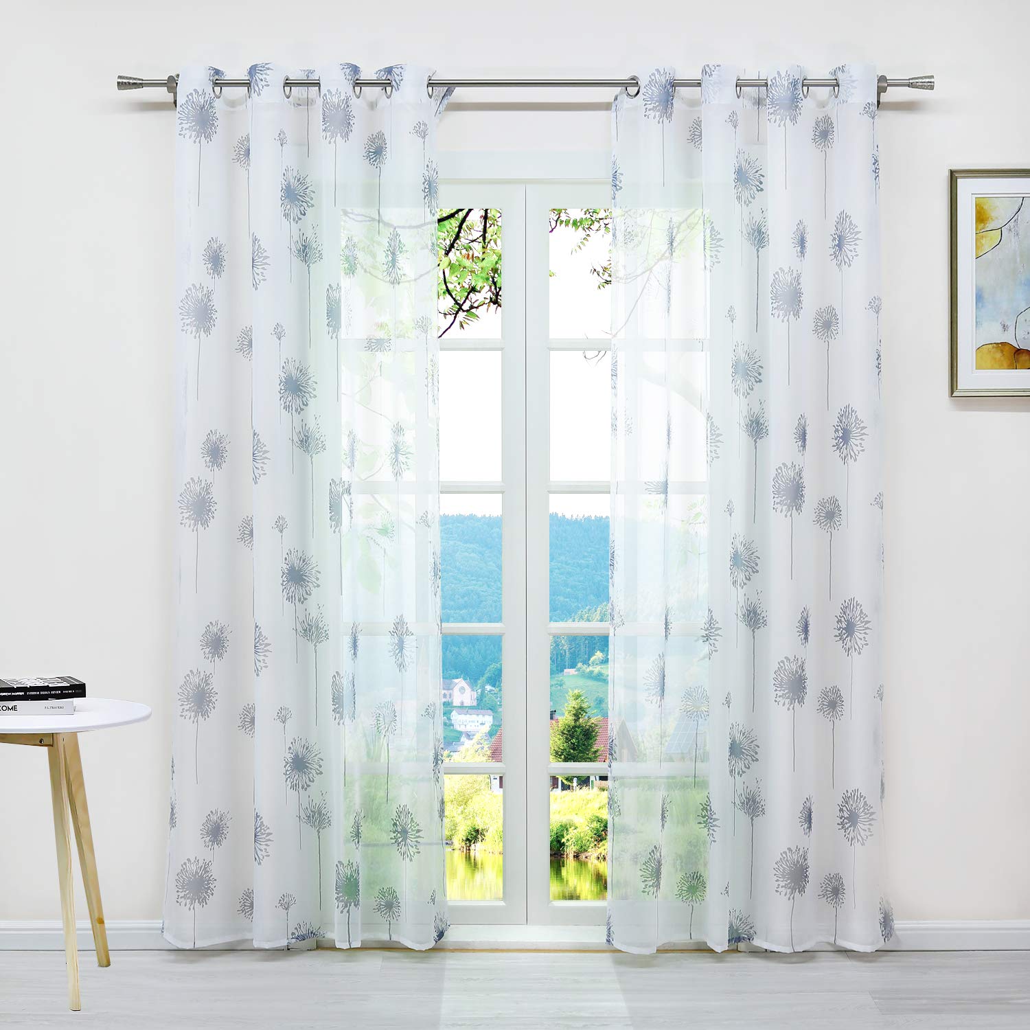 Dandelion Floral Print Window Curtains - Grommet Top Sheer Voile Panels for Small Windows (54x72 Inches, White) - Perfect for Kitchen, Living Room & Bedroom Decor - Light Filtering & Privacy Solution