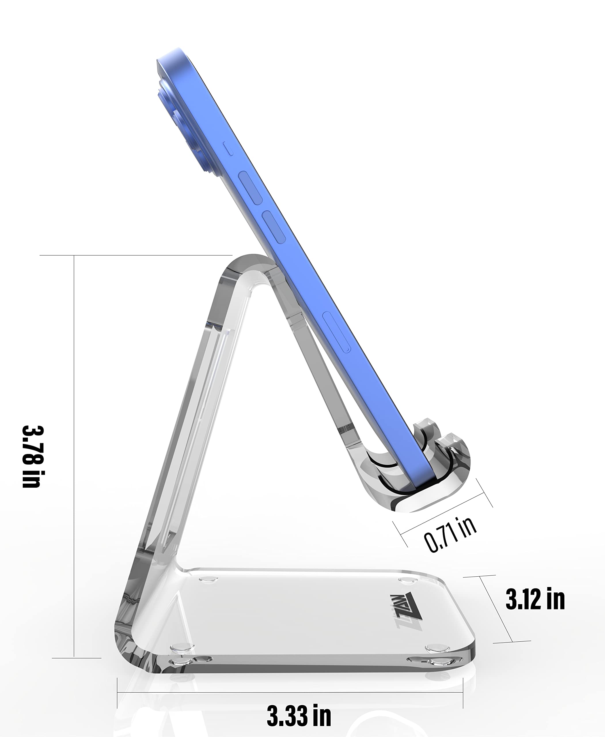ZAW Clear Acrylic Cell Phone Stand for Desk – 4MM Thick Phone Holder Compatible with iPhone 15/14 Pro & Samsung S24/S23 – Perfect for Office, Home & Travel (1-Pack)