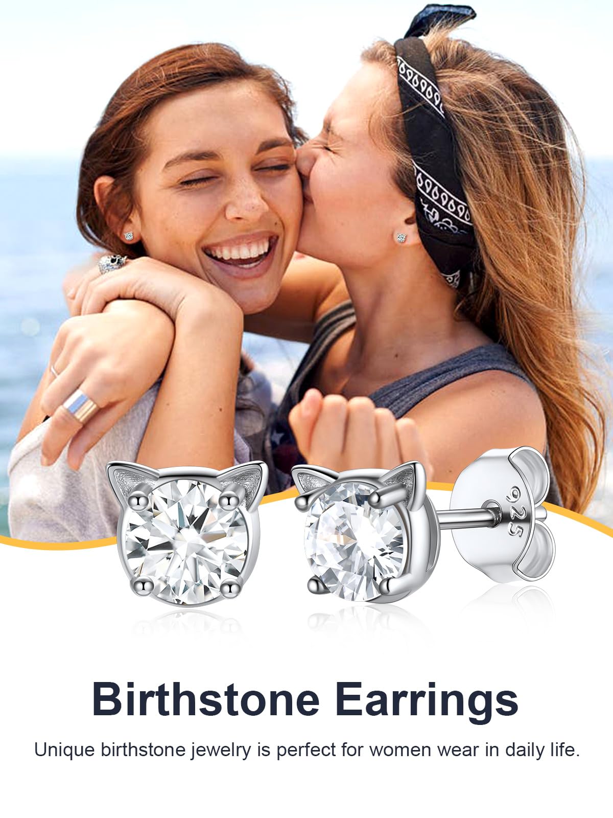 U7 Cat Stud Earrings - Silver, Black, Gold Faux Pearl Kitten Earrings with Birthstone | Cute Pet Lover Jewelry Gift for Women & Teen Girls | Perfect for Casual Wear, Parties & Special Occasions